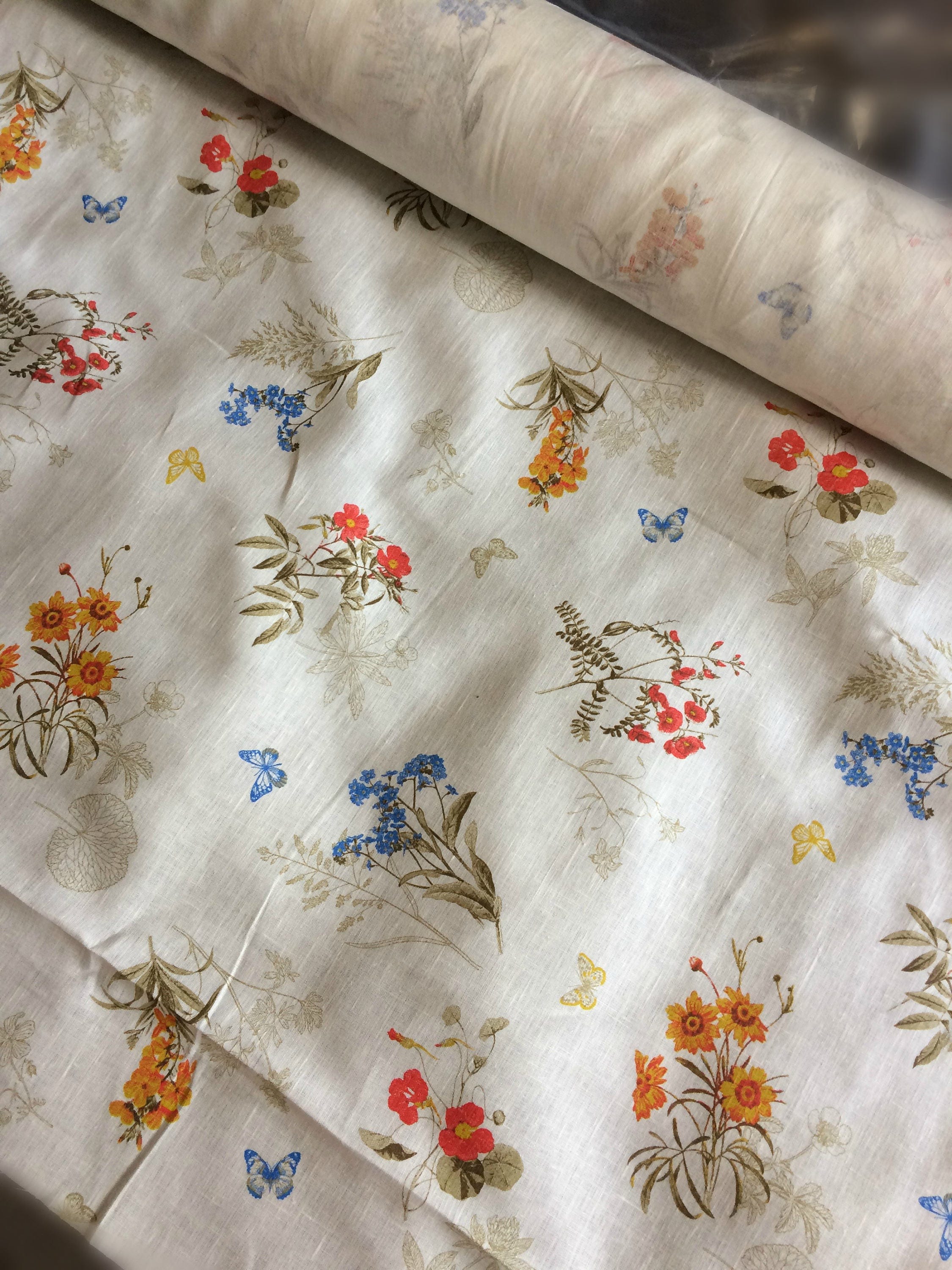 100 % NATURAL pure LINEN fabric, fabric for home textile, flowers picture, softened linen fabric, finished linen