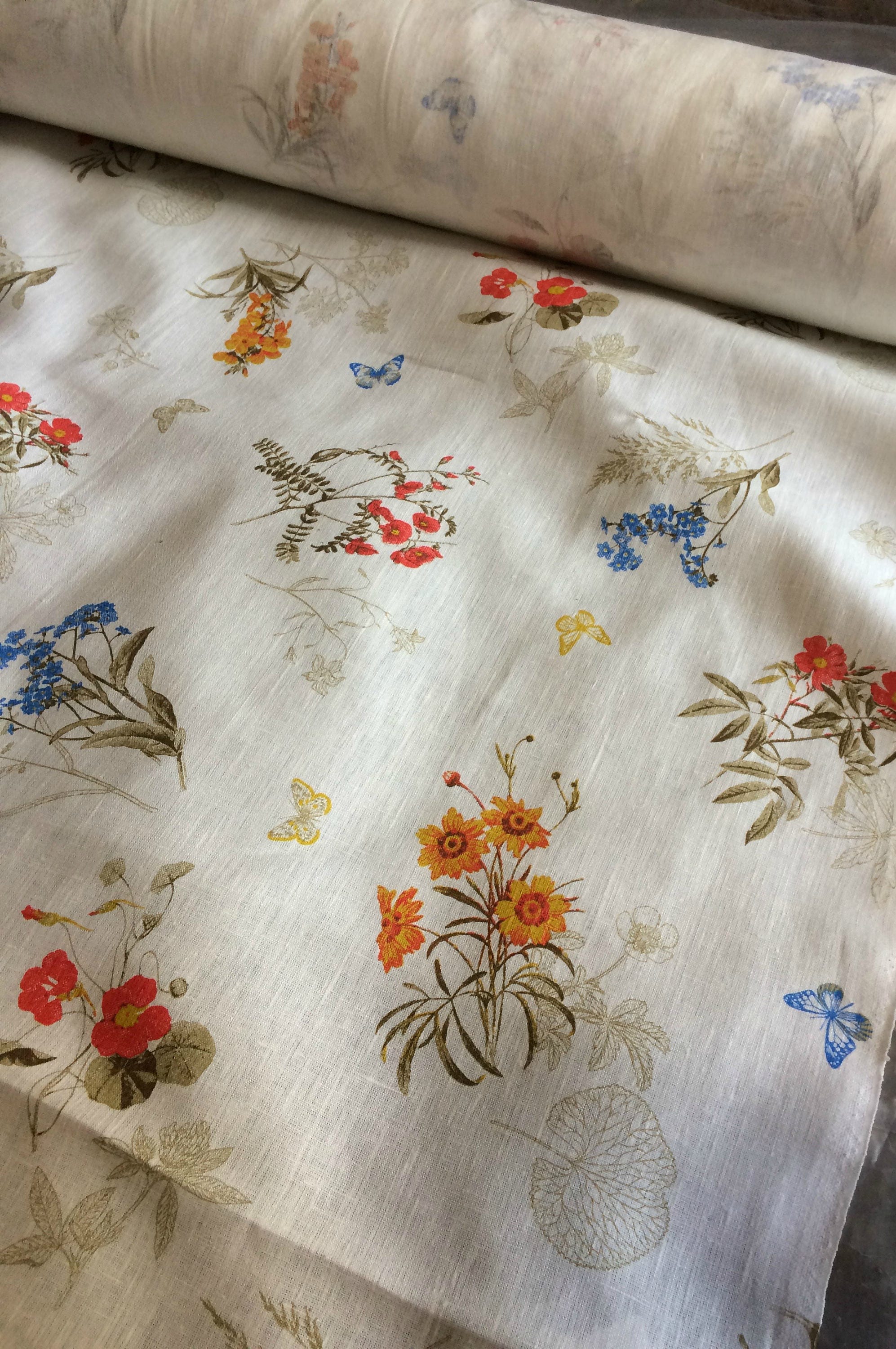 100 % NATURAL pure LINEN fabric, fabric for home textile, flowers picture, softened linen fabric, finished linen
