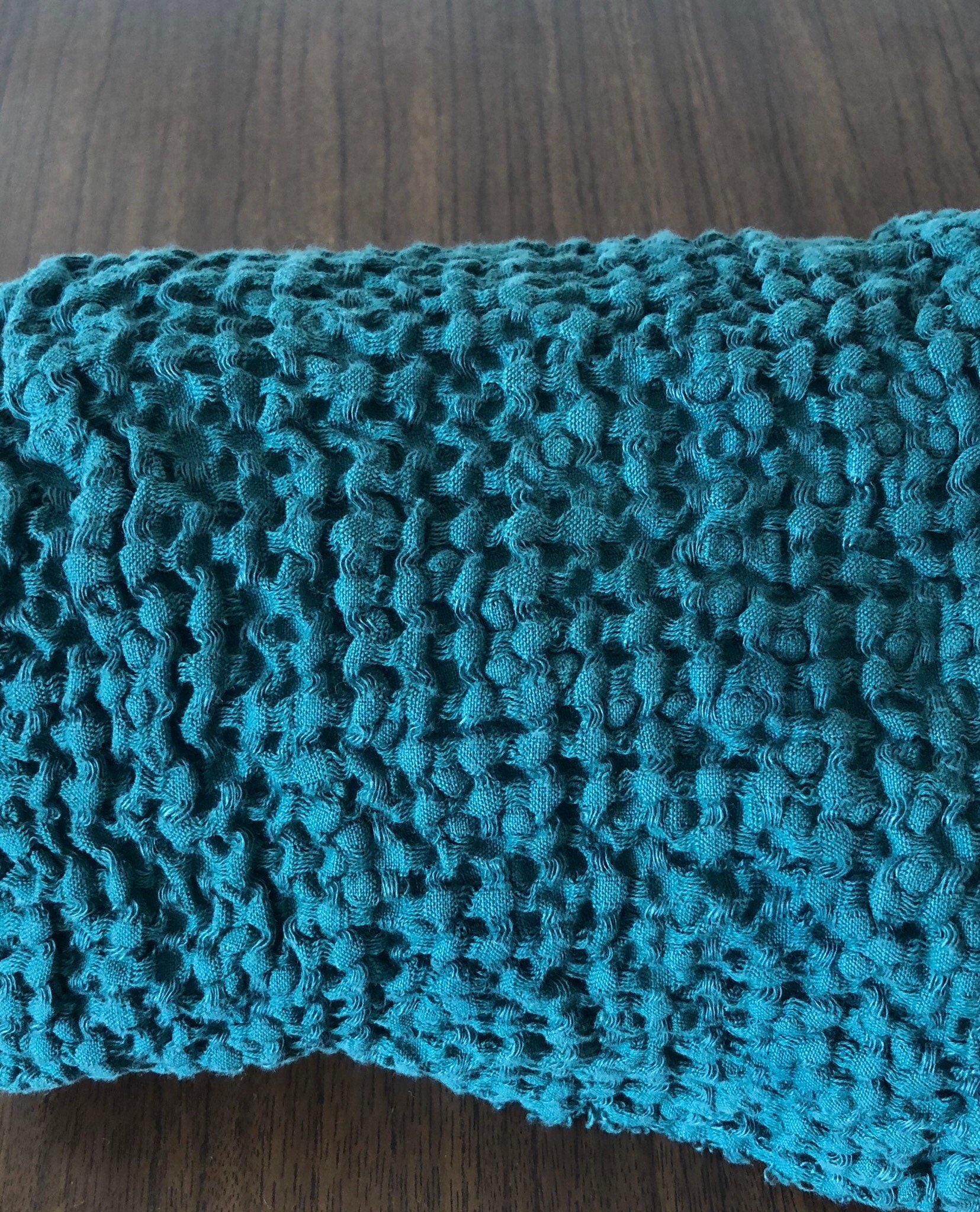 Ocean Blue Waffle Fabric: 94" Wide Linen Cotton Blend
