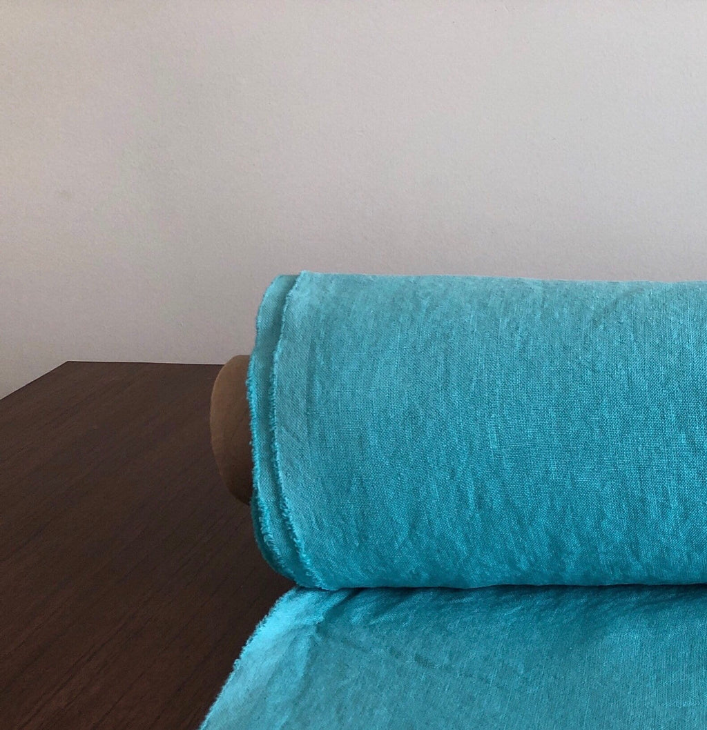Extra Wide Ocean Blue Linen Fabric: Softened Bedding & Sewing Material