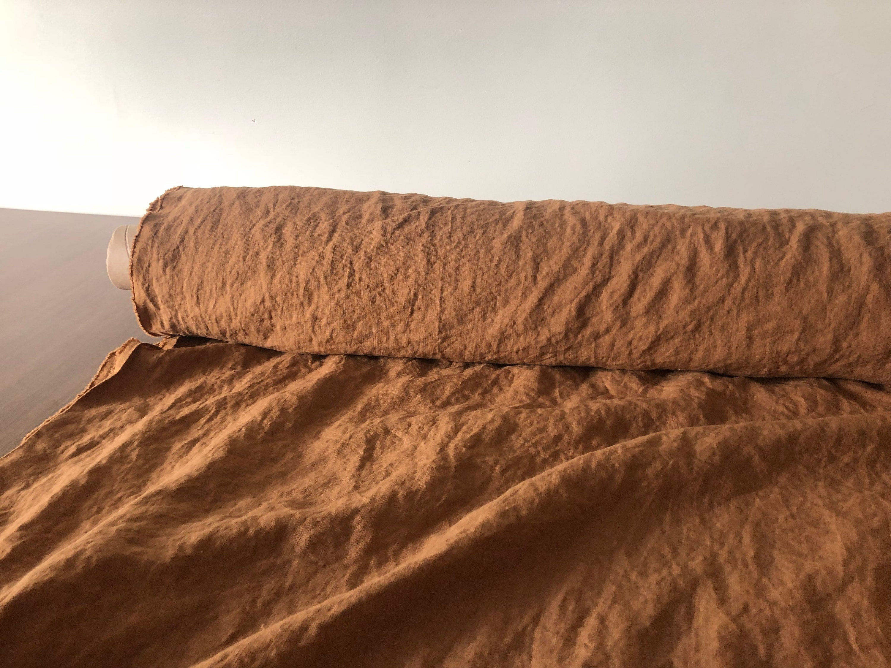 Extra Wide Ochre Linen Fabric: Softened BGO17, 250cm Width