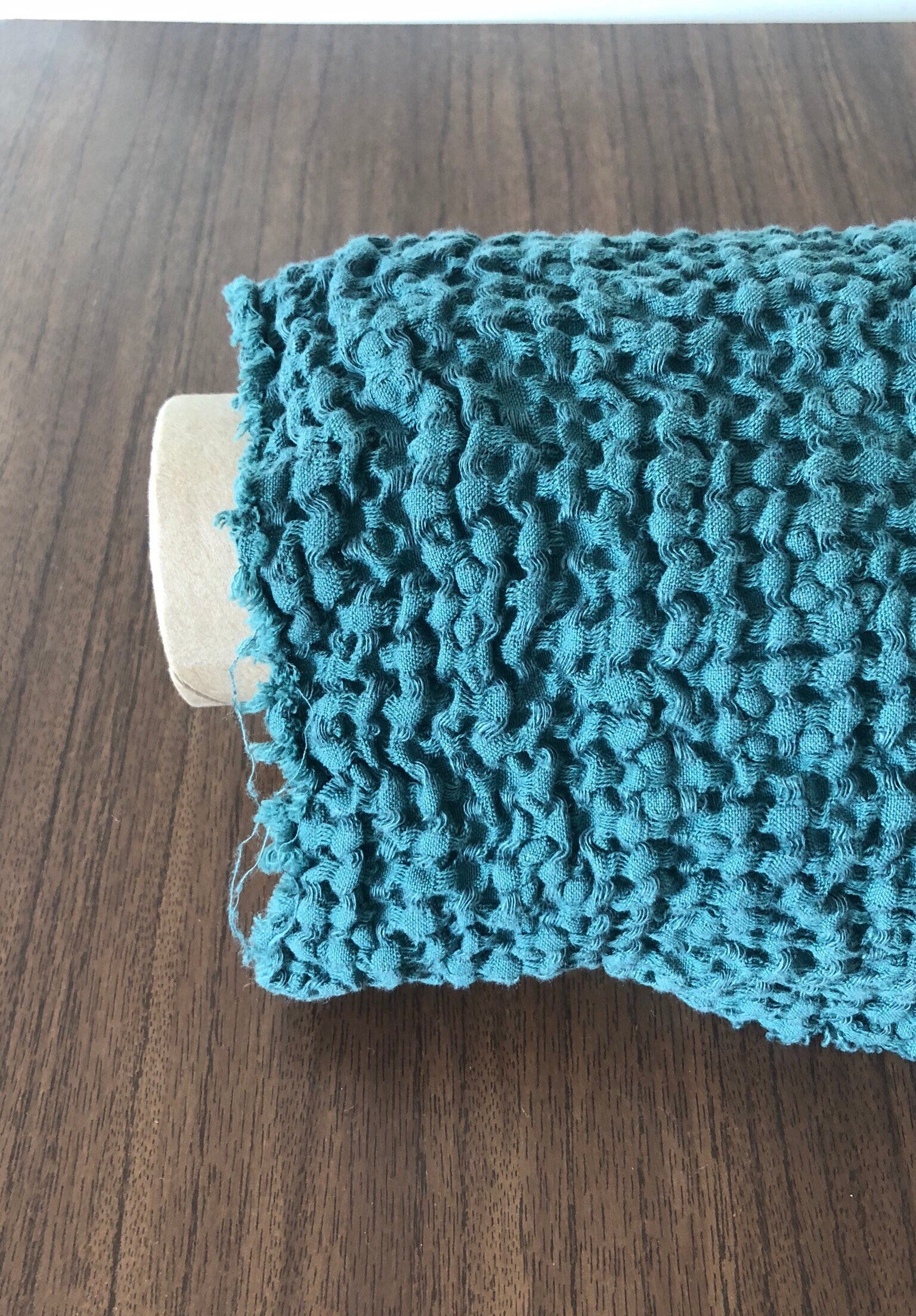 Ocean Blue Waffle Fabric: 94" Wide Linen Cotton Blend