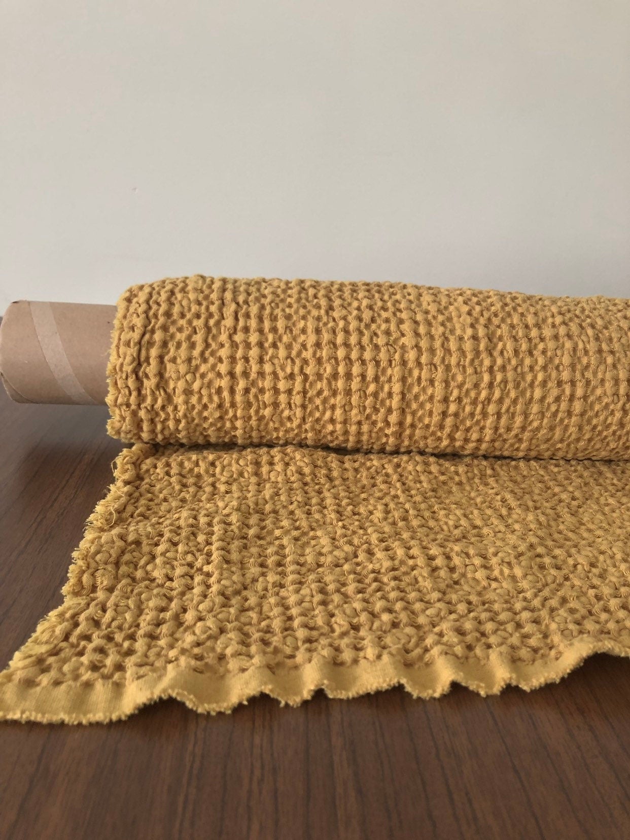 Extra Wide Waffle Linen Cotton Fabric: Mustard BGO137, 94" Wide