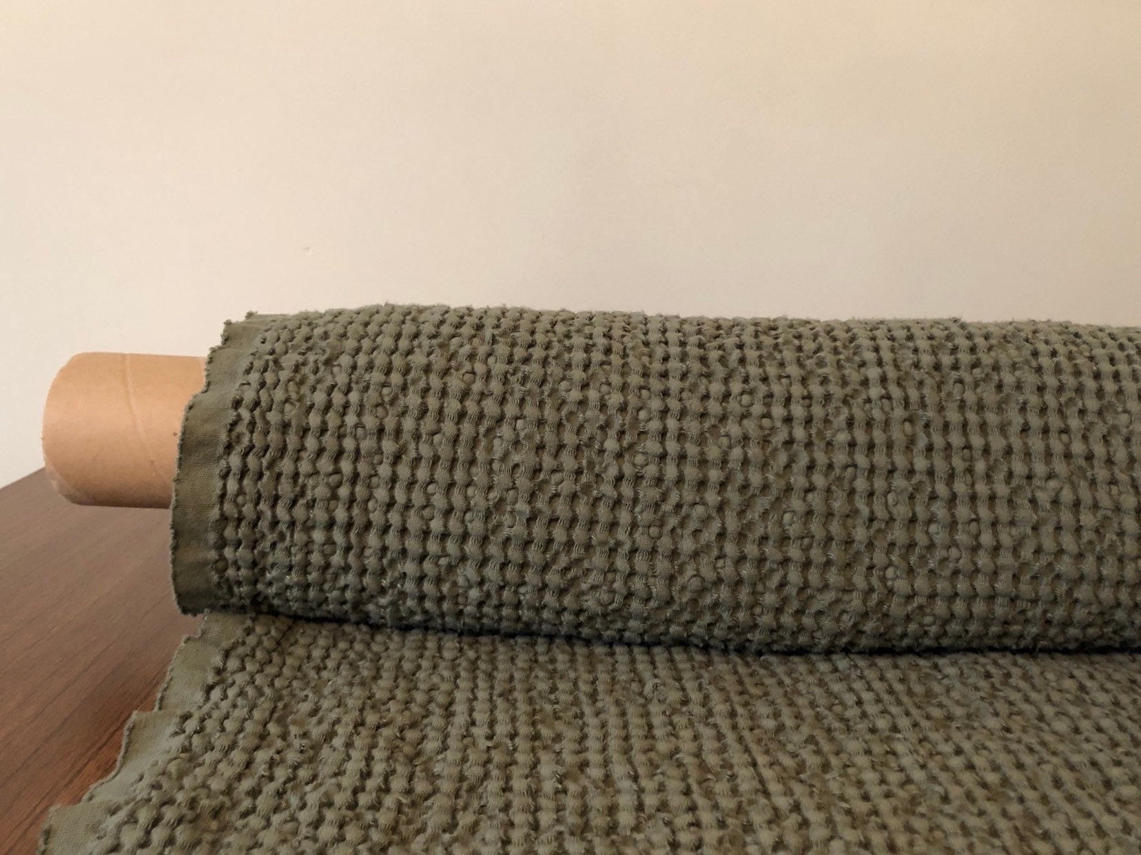 Cedar Green Waffle Linen Cotton Fabric: Extra Wide 88", BGO137