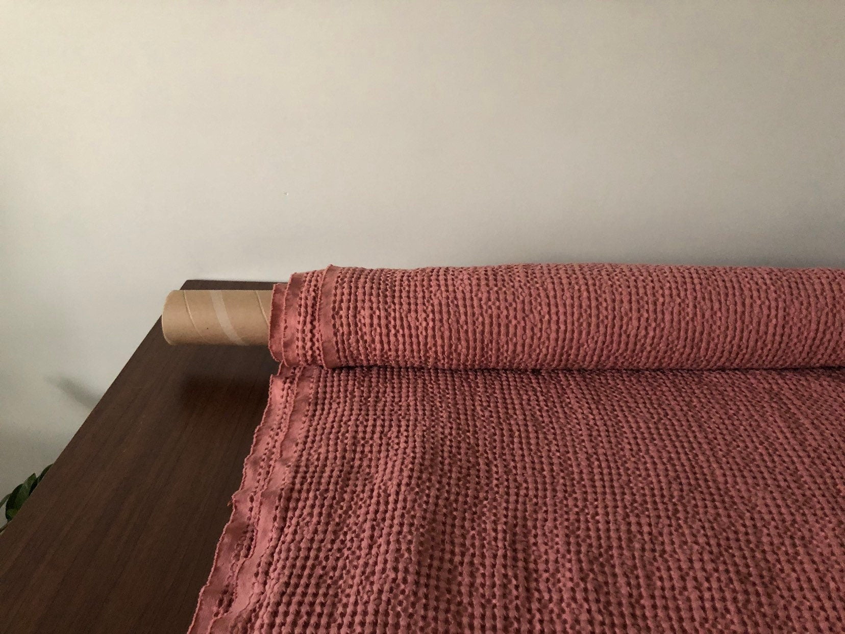 Coral Waffle Fabric: 94" Extra Wide Linen Cotton Blend