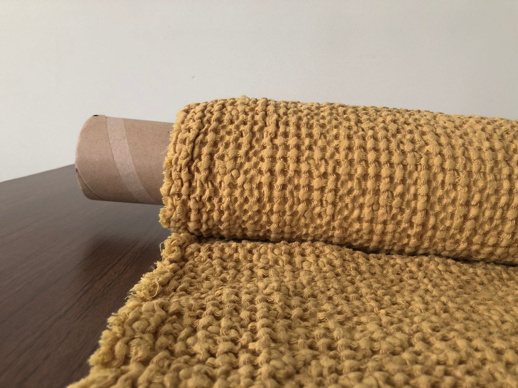 Extra Wide Waffle Linen Cotton Fabric: Mustard BGO137, 94" Wide