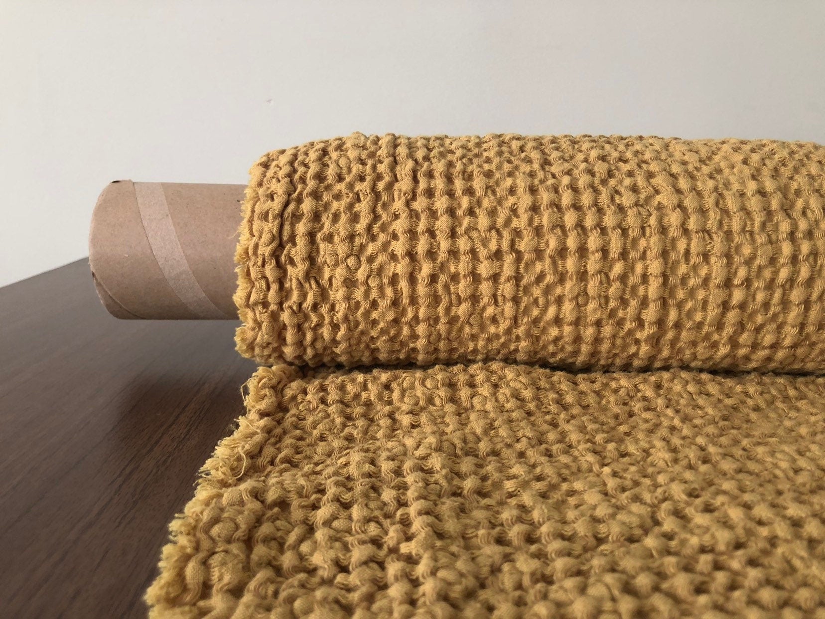 Extra Wide Waffle Linen Cotton Fabric: Mustard BGO137, 94" Wide