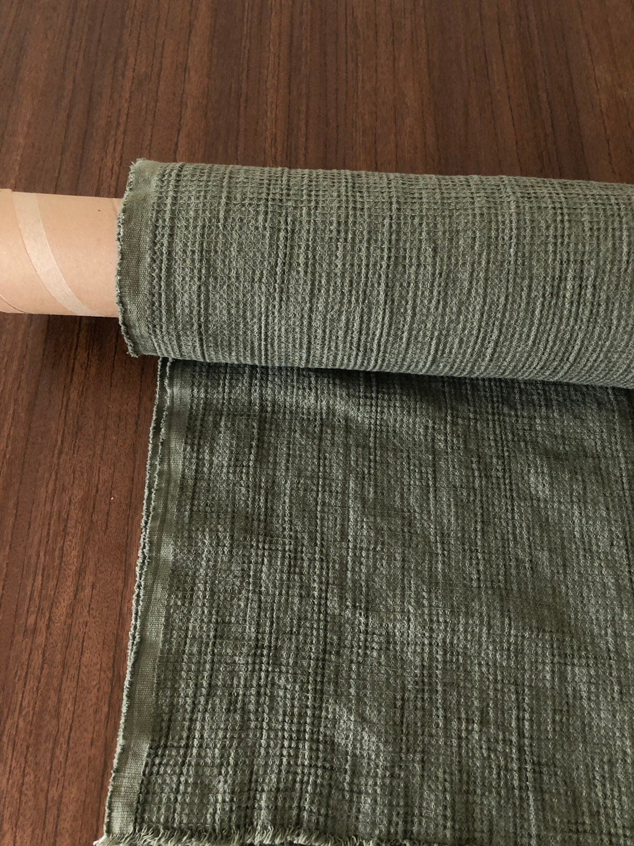 Cedar Green Waffle Linen Cotton Fabric: Bath & Kitchen Towel Material