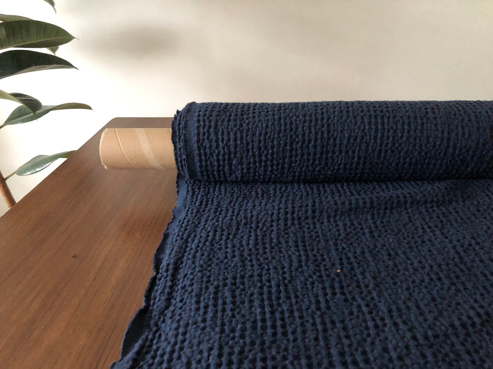 Extra Wide Waffle Linen Cotton Fabric - Dark Night BGO137