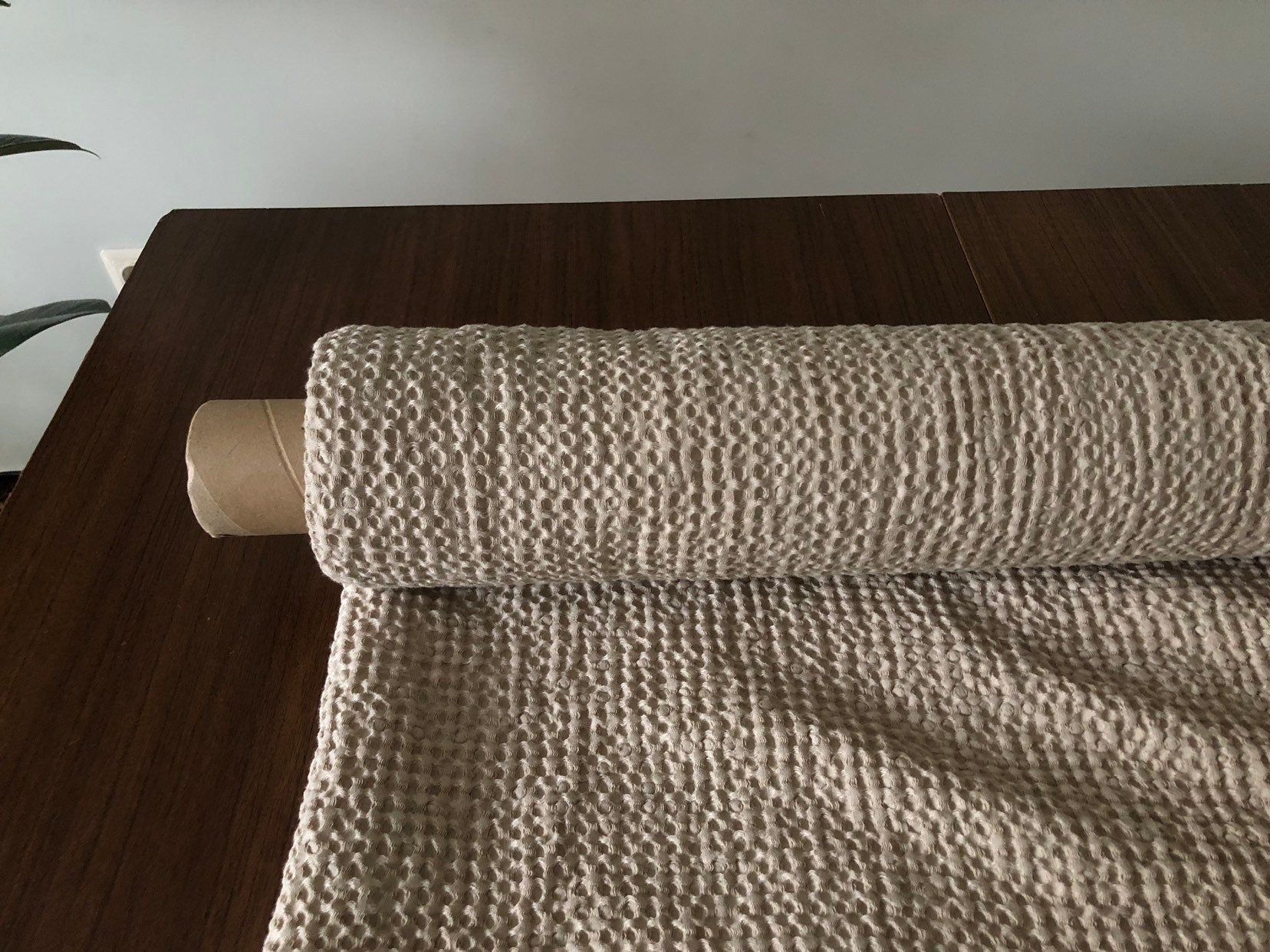 Extra Wide Waffle Linen Cotton Fabric: Creamy Natural Weave