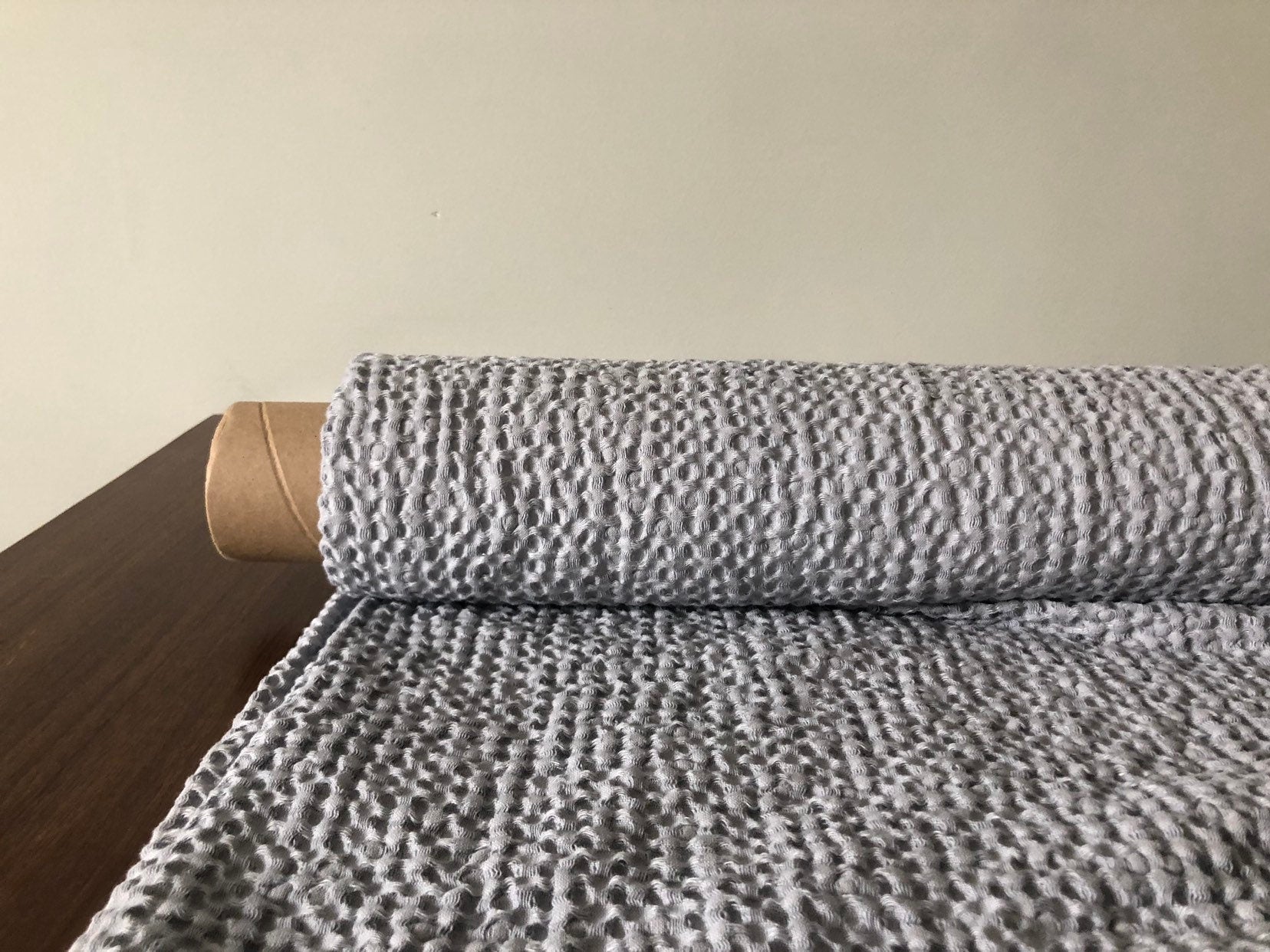 Waffle Linen Cotton Fabric: 88" Extra Wide Silver Blue BGO137