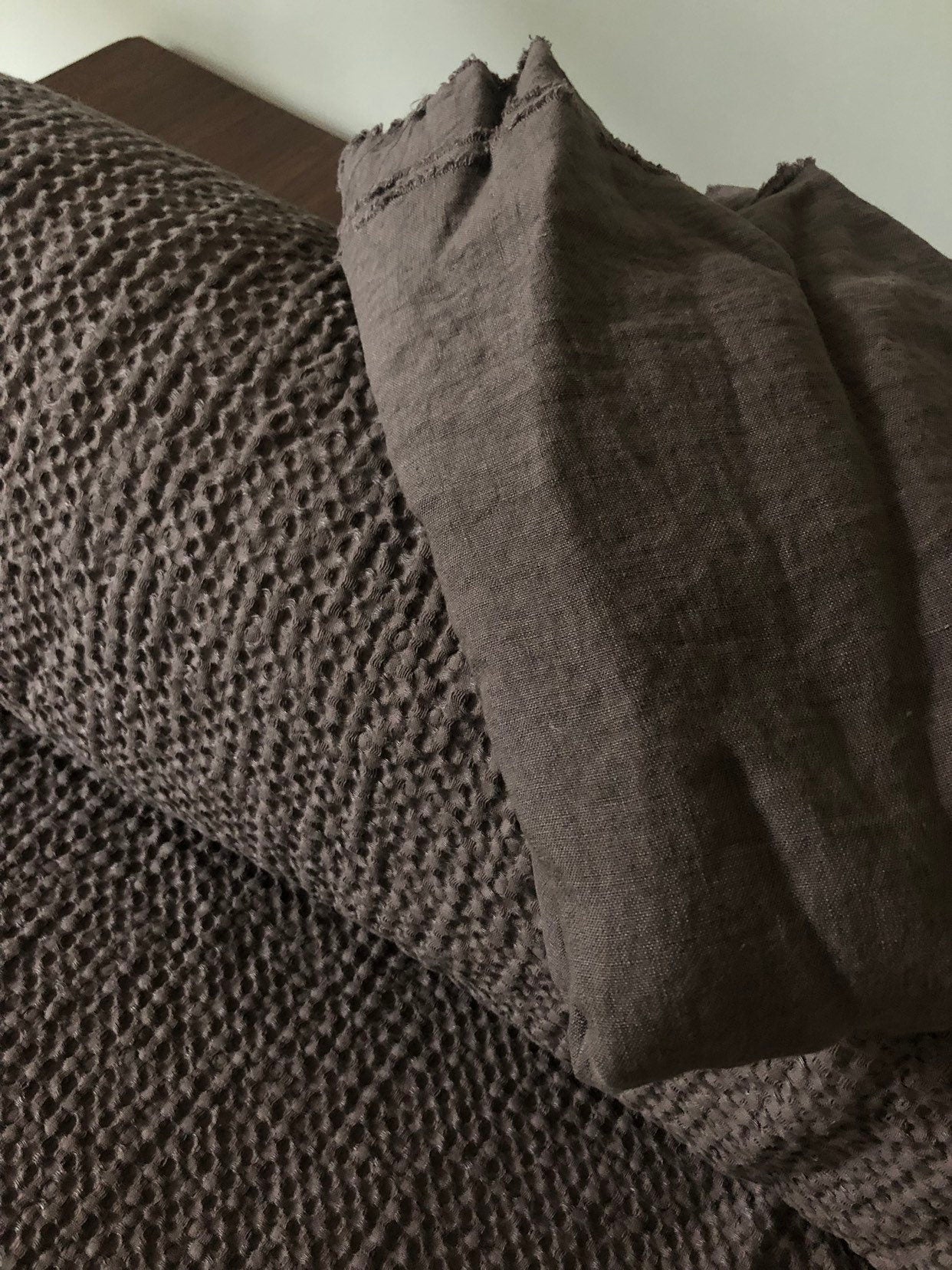 Wide Waffle Linen Cotton Fabric: Brown BGO137, 94" Wide, By The Meter