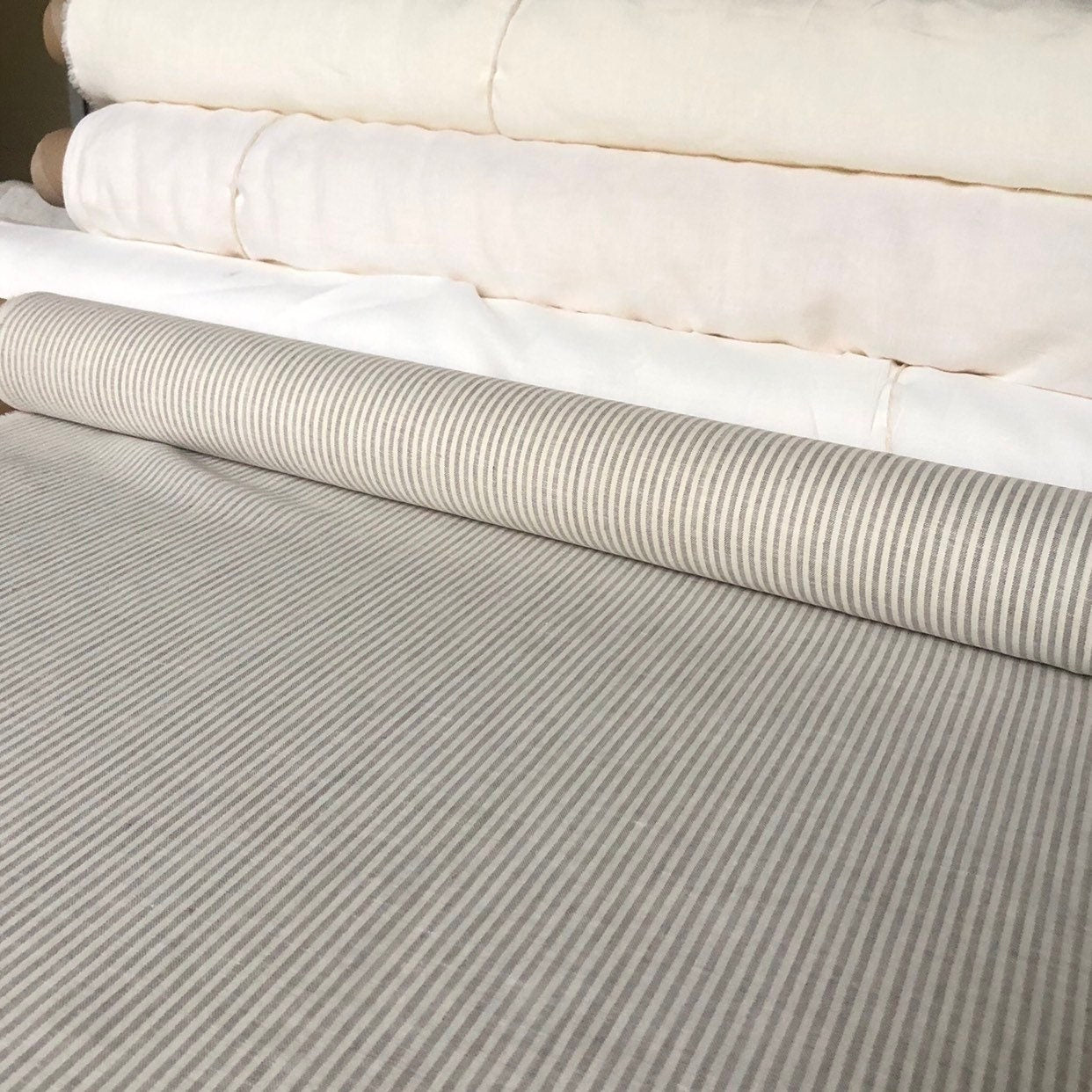 Striped Linen Fabric: Natural Bedding, Sewing Material - 56" Wide