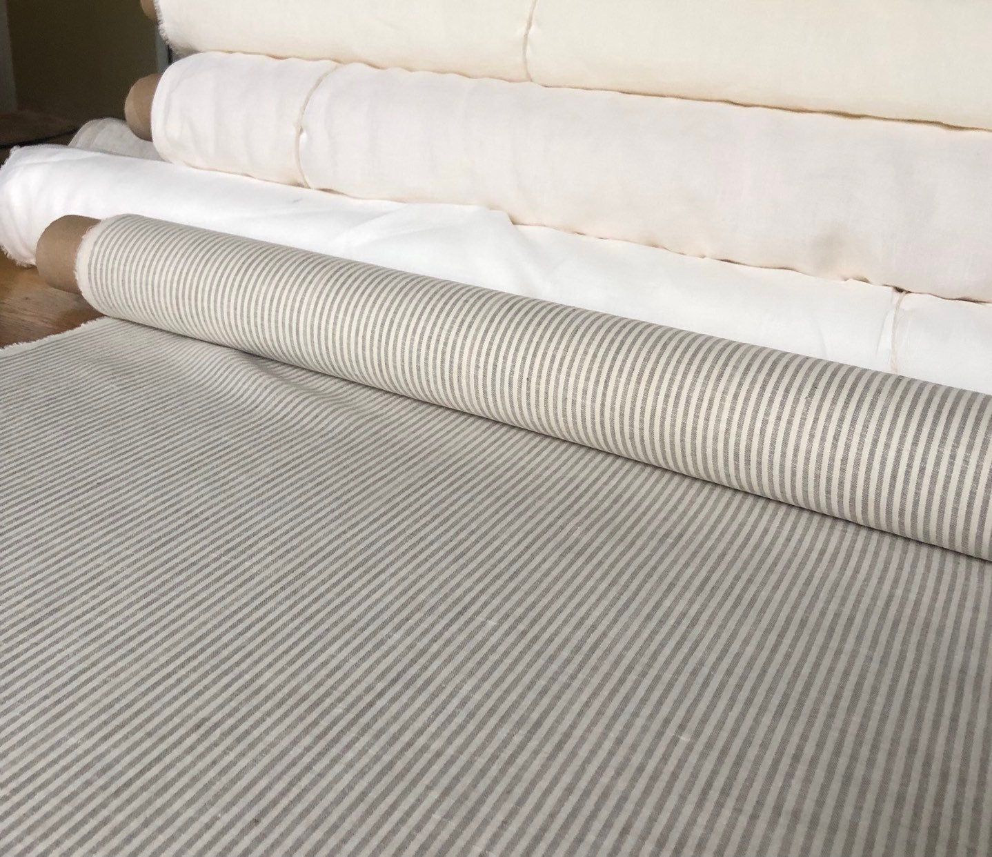 Striped Linen Fabric: Natural Bedding, Sewing Material - 56" Wide