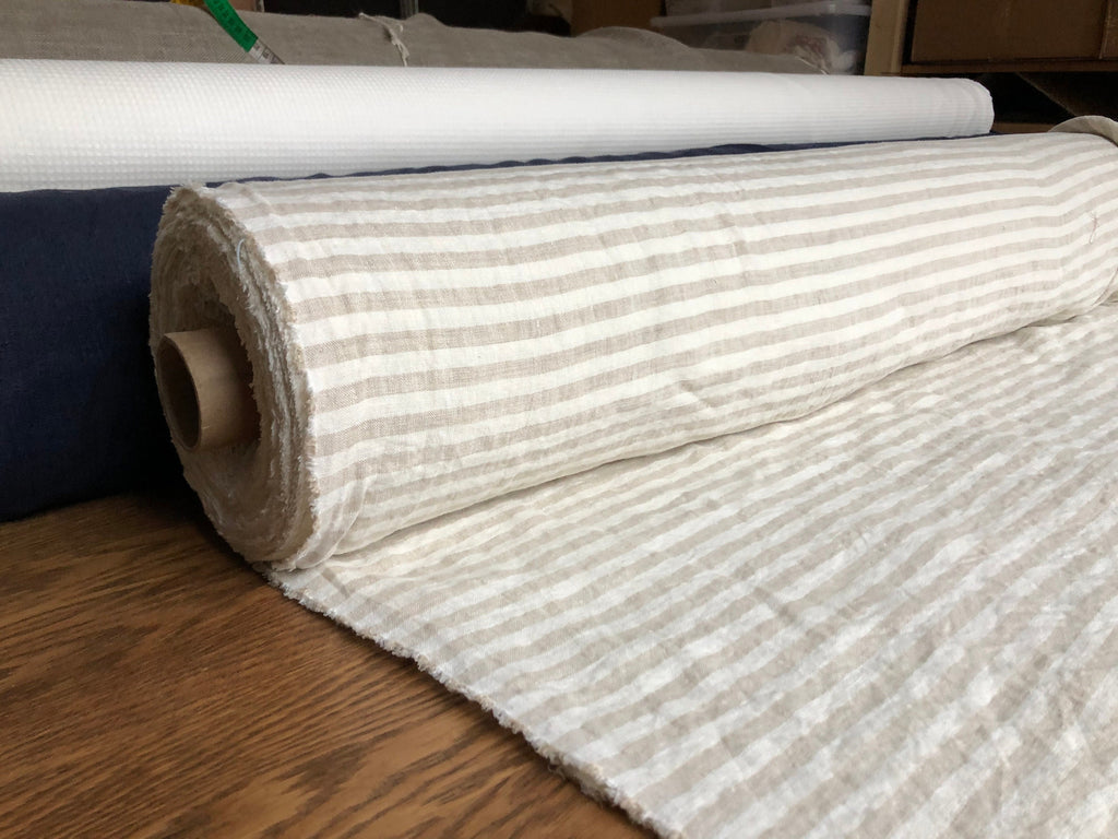 Striped Linen Fabric: Beige Soft Bedding Linen, 110" Wide