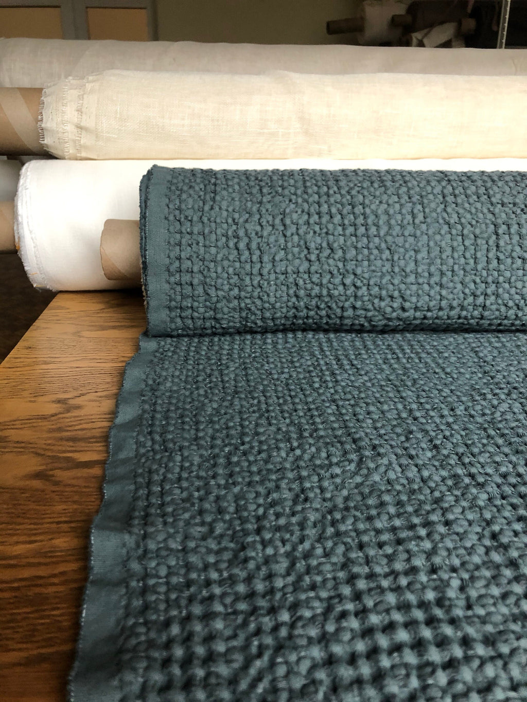 Extra Wide Waffle Linen Cotton Fabric: Green BGO137 (94 Inches)