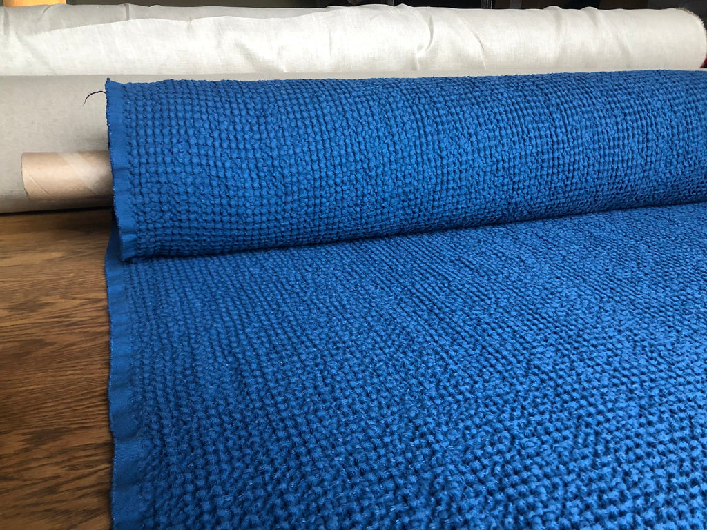 Wide Waffle Linen Cotton Fabric: Marine Blue BGO137, 94" Wide