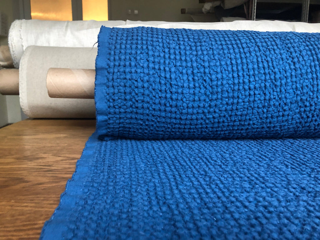 Wide Waffle Linen Cotton Fabric: Marine Blue BGO137, 94" Wide