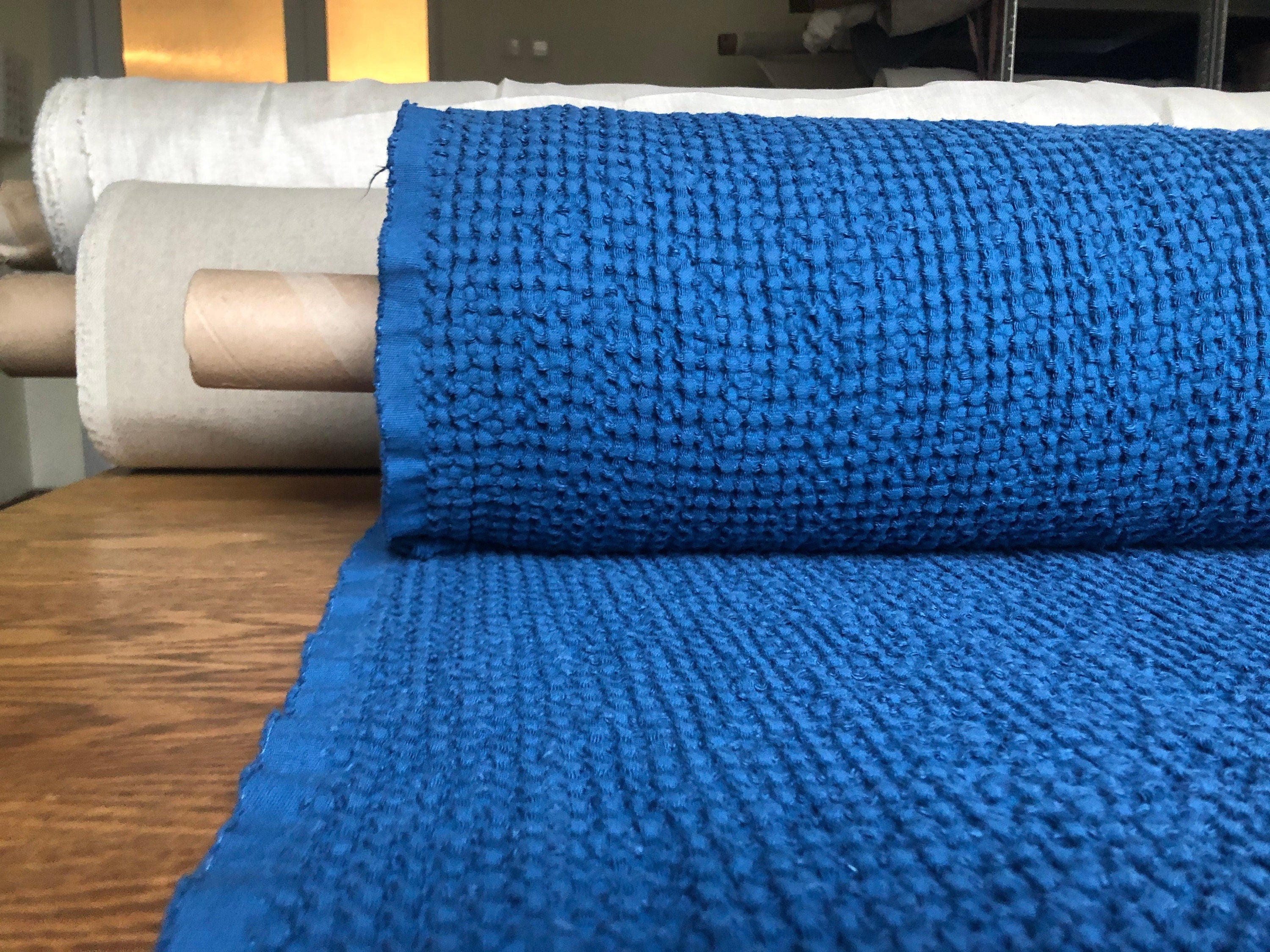 Wide Waffle Linen Cotton Fabric: Marine Blue BGO137, 94" Wide