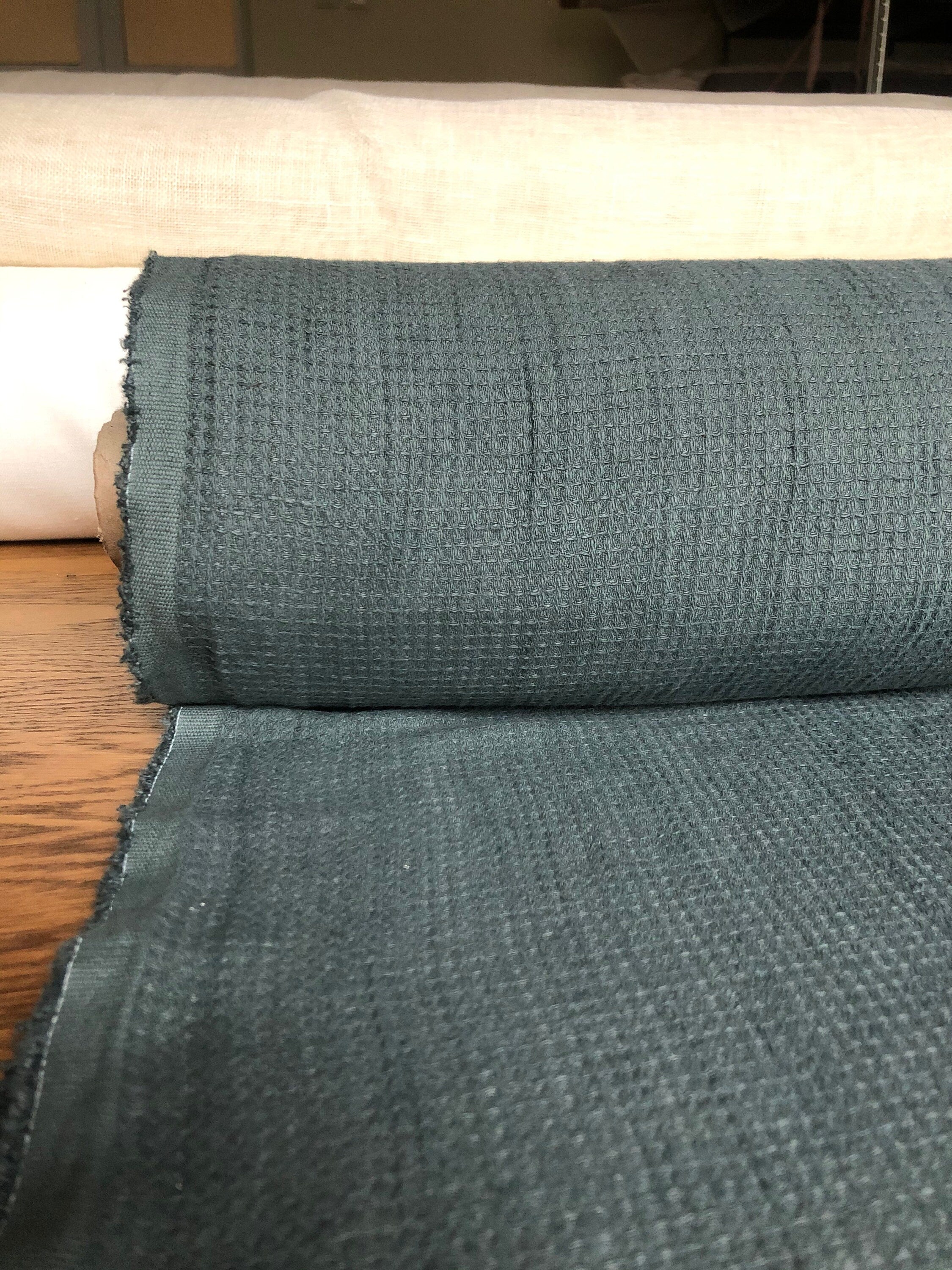 Waffle Linen Cotton Fabric: 949green, 140cm Wide, Softened