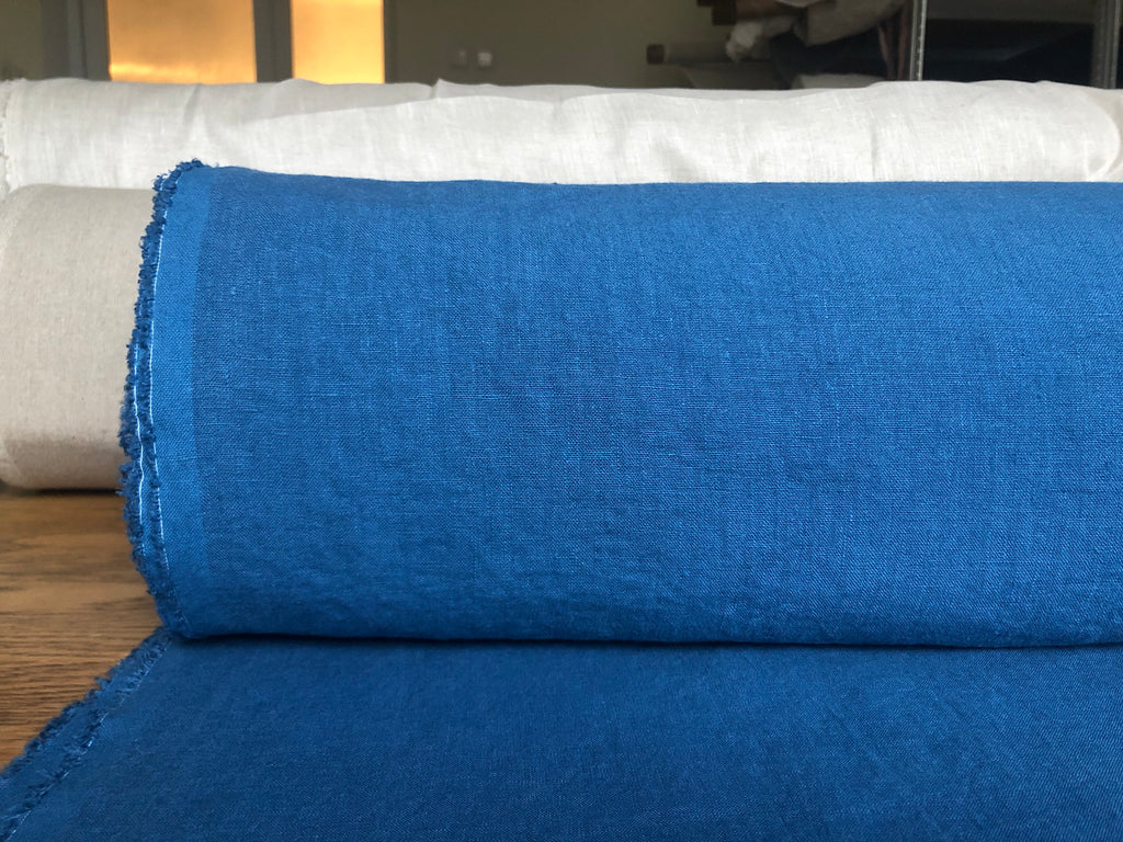 Extra Wide Marine Blue Linen Fabric: Softened Bedding Material