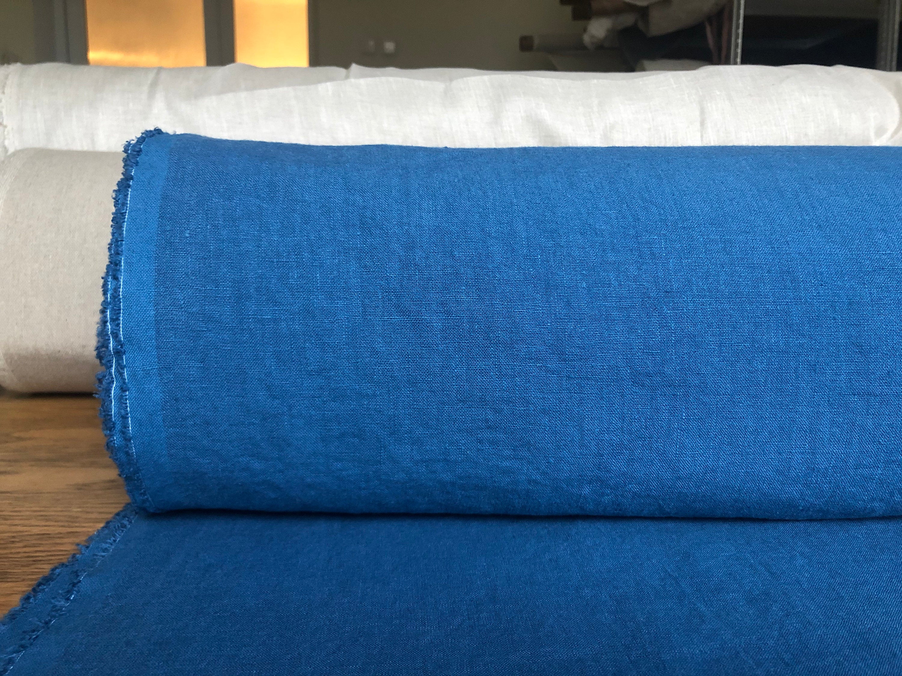 Extra Wide Marine Blue Linen Fabric: Softened Bedding Material