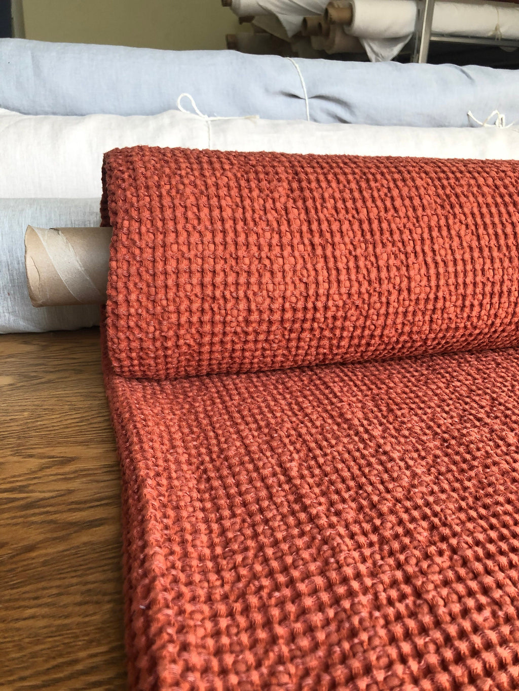 Extra Wide Waffle Linen Cotton Fabric: Brick BGO137, 94" Wide