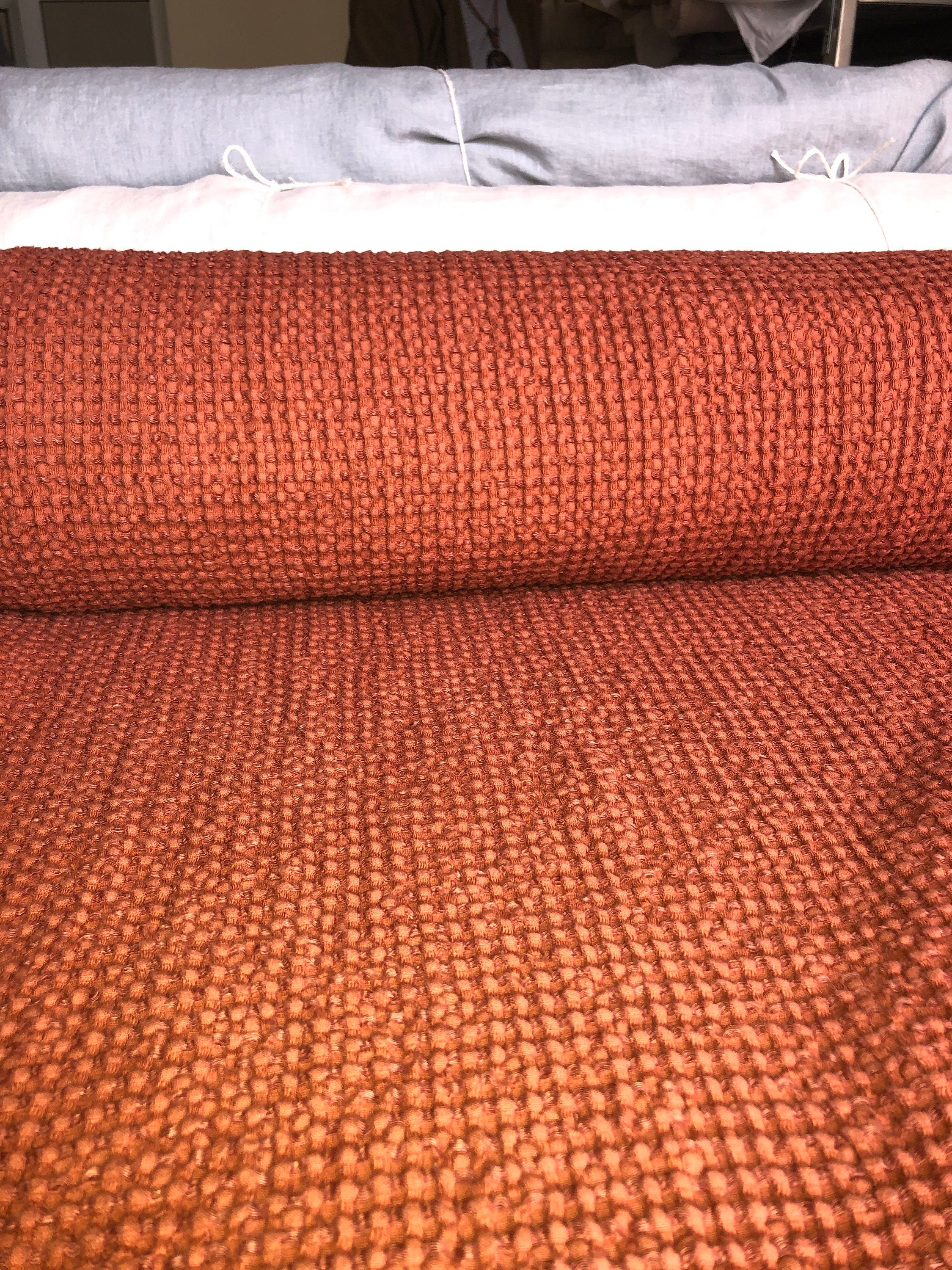 Extra Wide Waffle Linen Cotton Fabric: Brick BGO137, 94" Wide