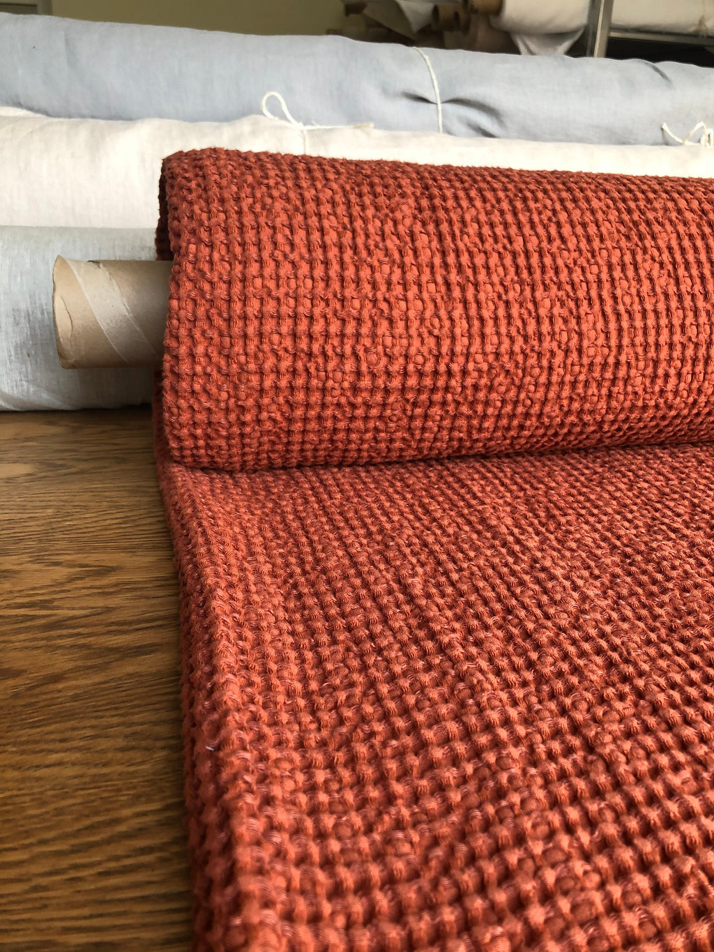 Extra Wide Waffle Linen Cotton Fabric: Brick BGO137, 94" Wide