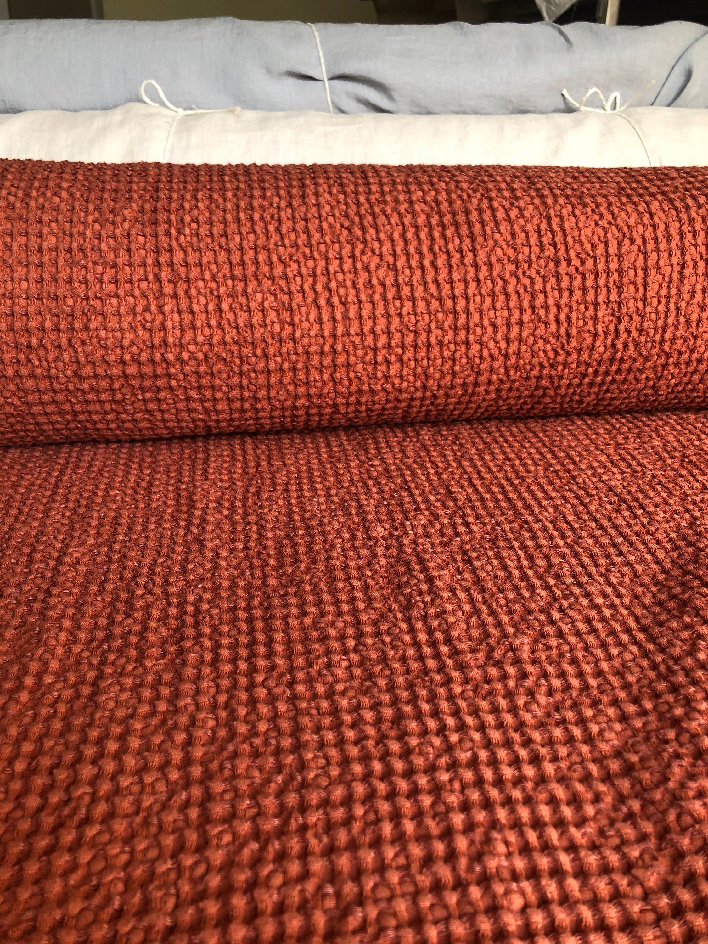 Extra Wide Waffle Linen Cotton Fabric: Brick BGO137, 94" Wide