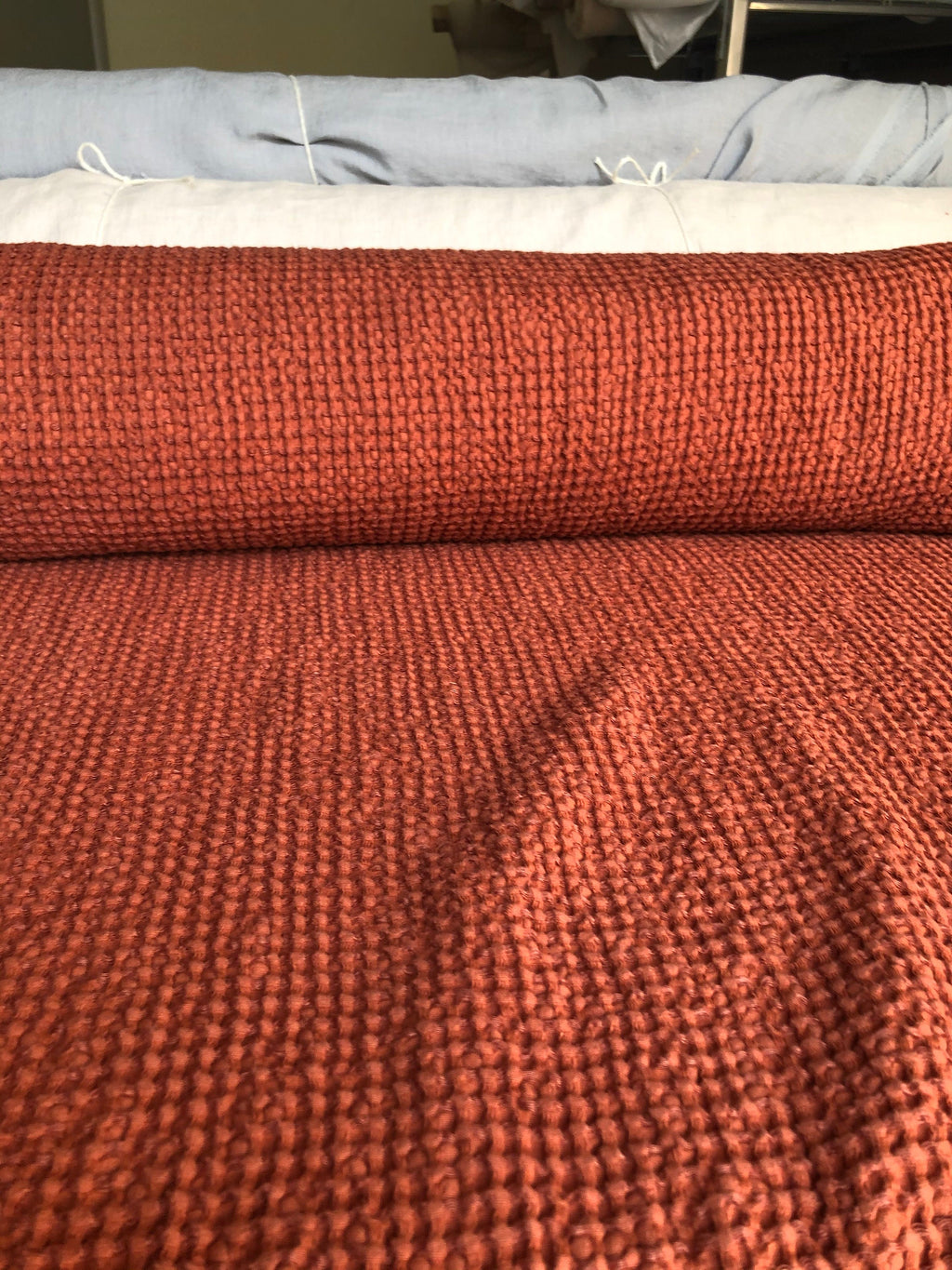 Extra Wide Waffle Linen Cotton Fabric: Brick BGO137, 94" Wide
