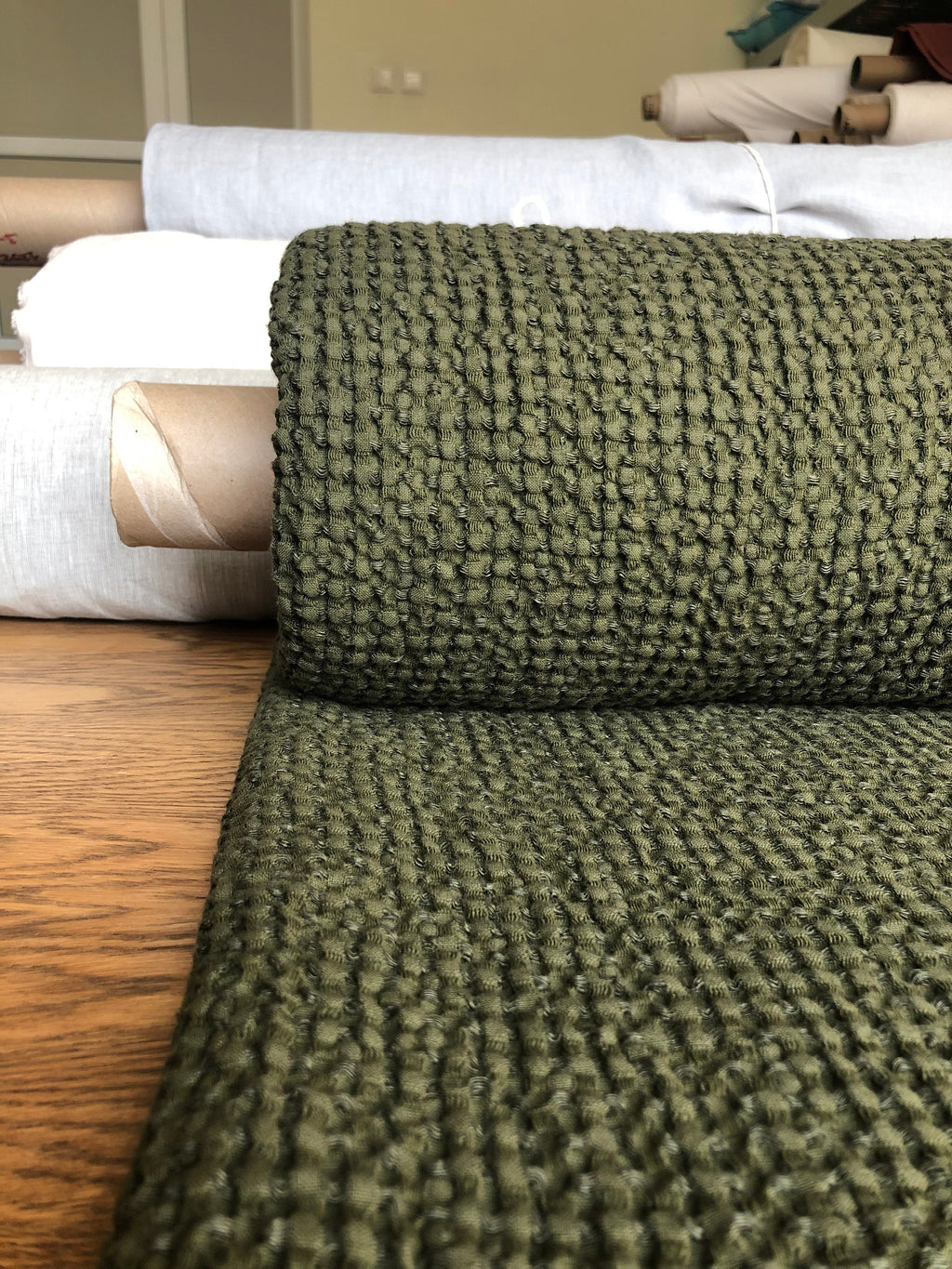 Extra Wide Waffle Linen Cotton Fabric: Natural Uniform BGO137