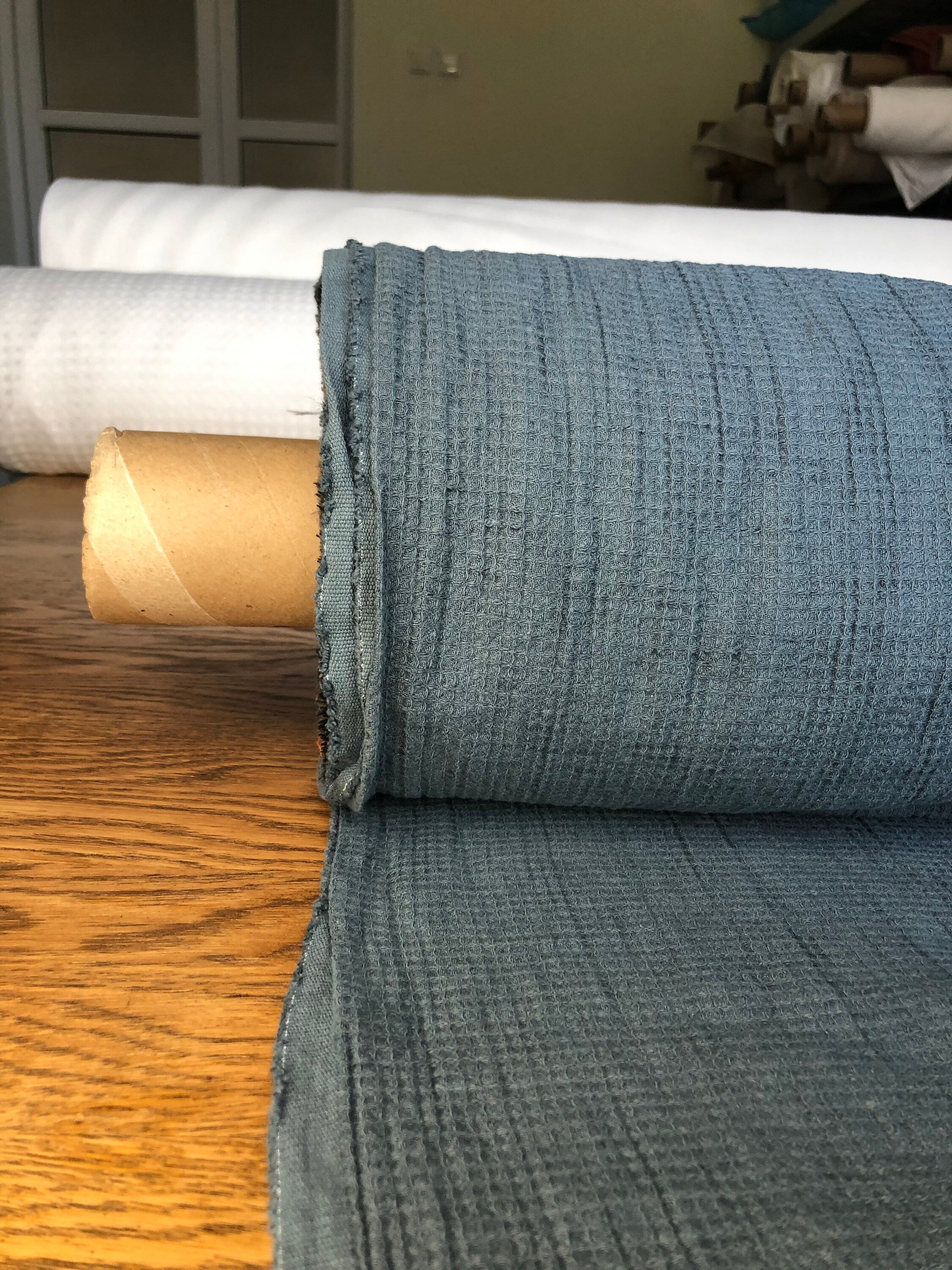 Waffle Linen Cotton Fabric By The Metre: Natural Bath & Spa Towel Material