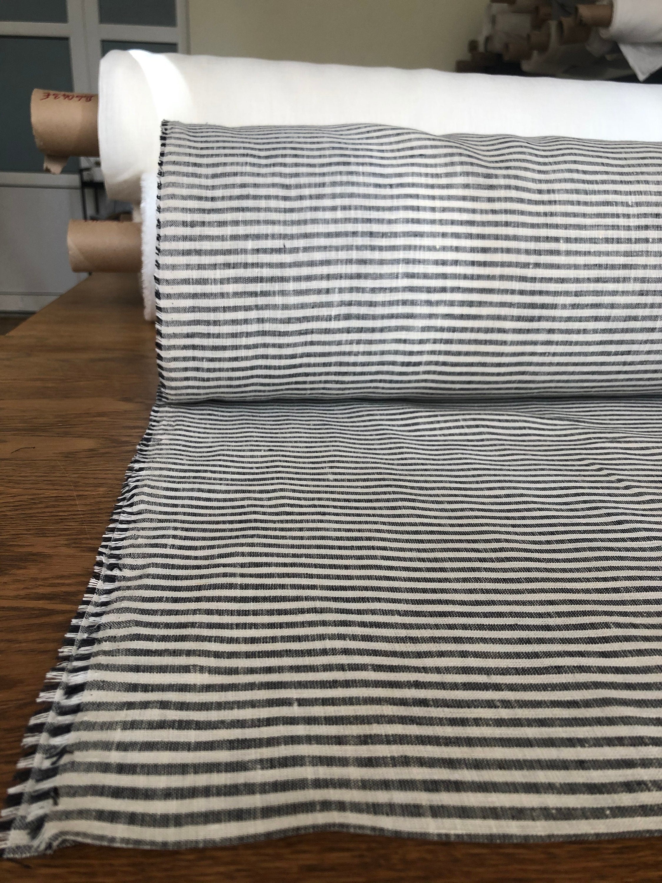 Striped Black Linen Fabric: 100% Pure, Extra Wide (260cm)