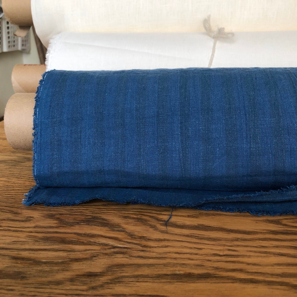Striped Blue Linen Fabric: 100% Natural, Medium Weight