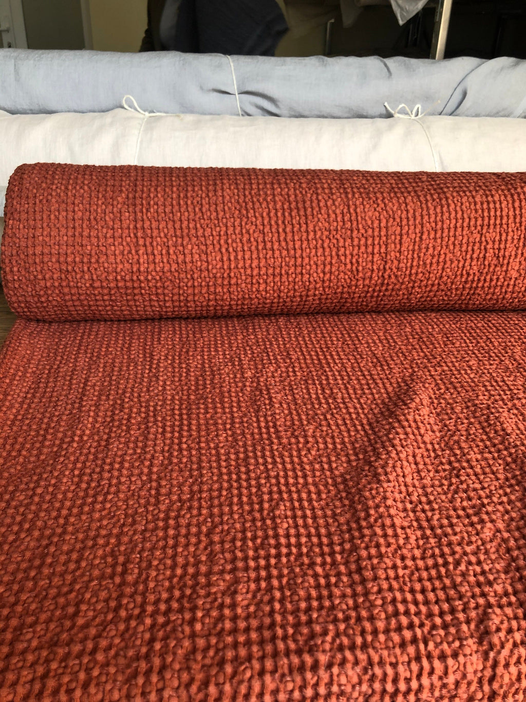 Extra Wide Waffle Linen Cotton Fabric: Brick BGO137, 94" Wide