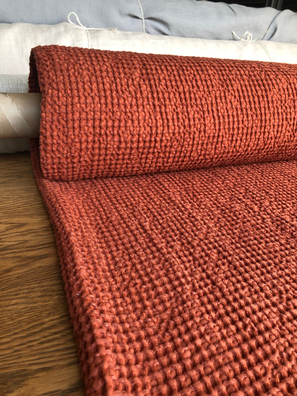 Extra Wide Waffle Linen Cotton Fabric: Brick BGO137, 94" Wide