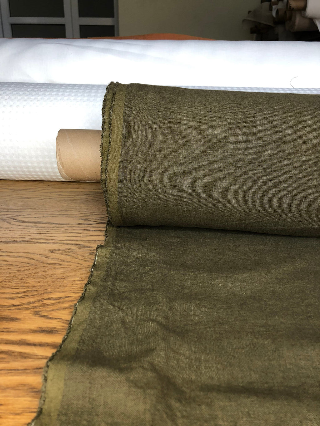 Extra Wide Soft Linen Fabric: Natural Olive Green, 250cm Width