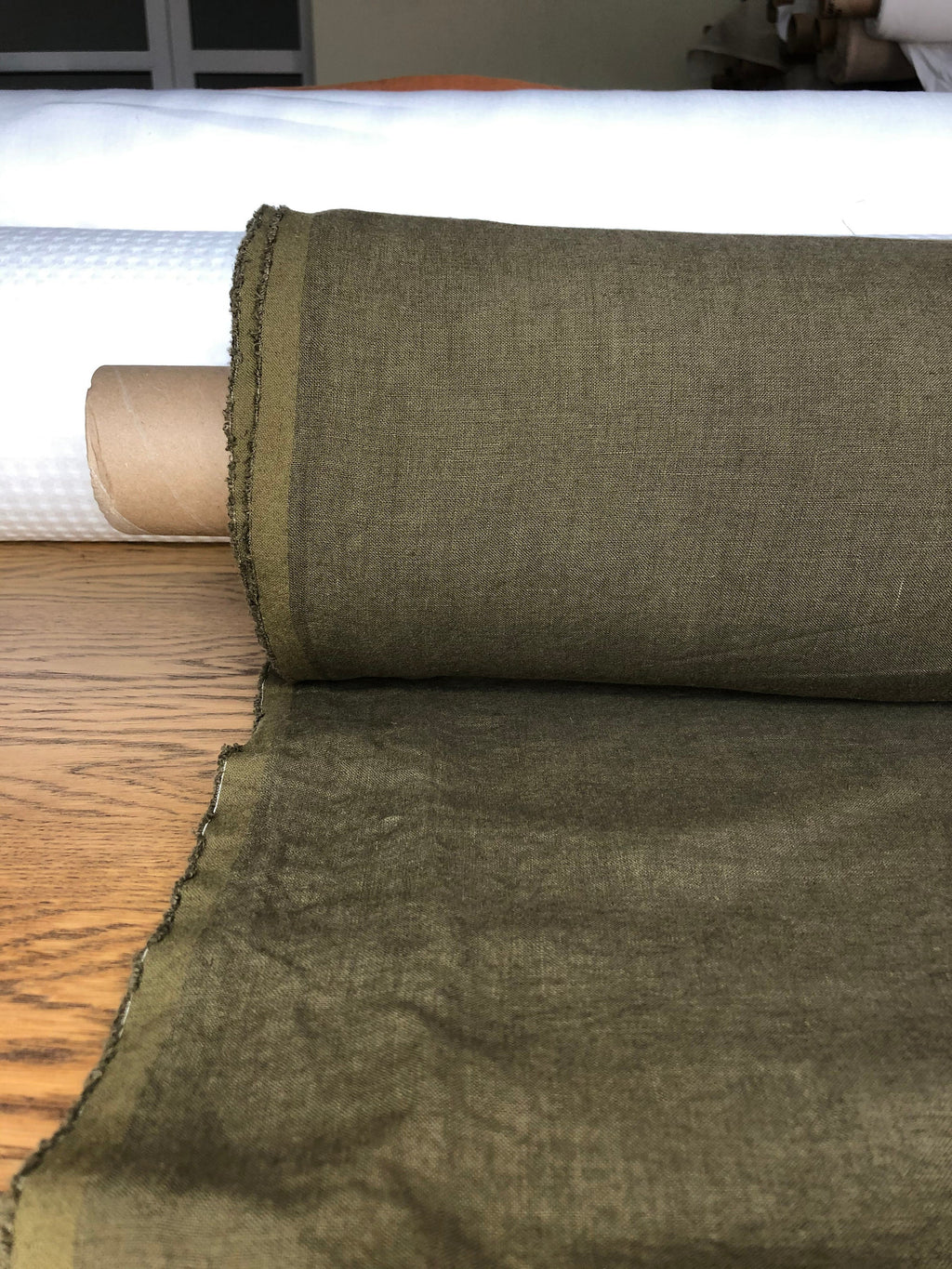Extra Wide Olive Green Linen Fabric: Softened Bedding & Sewing Material
