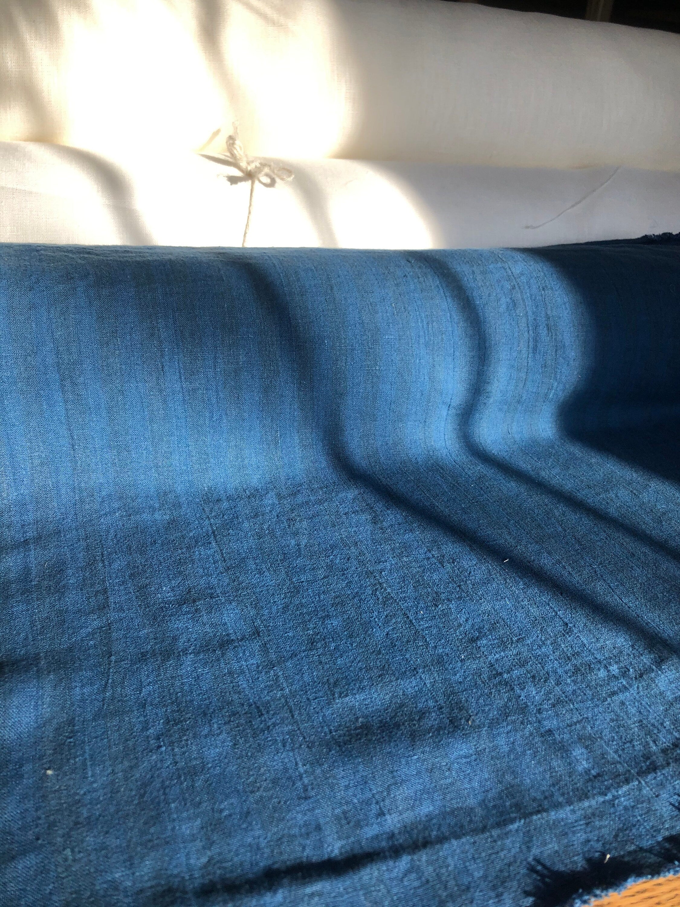 Striped Blue Linen Fabric: 100% Natural, Medium Weight