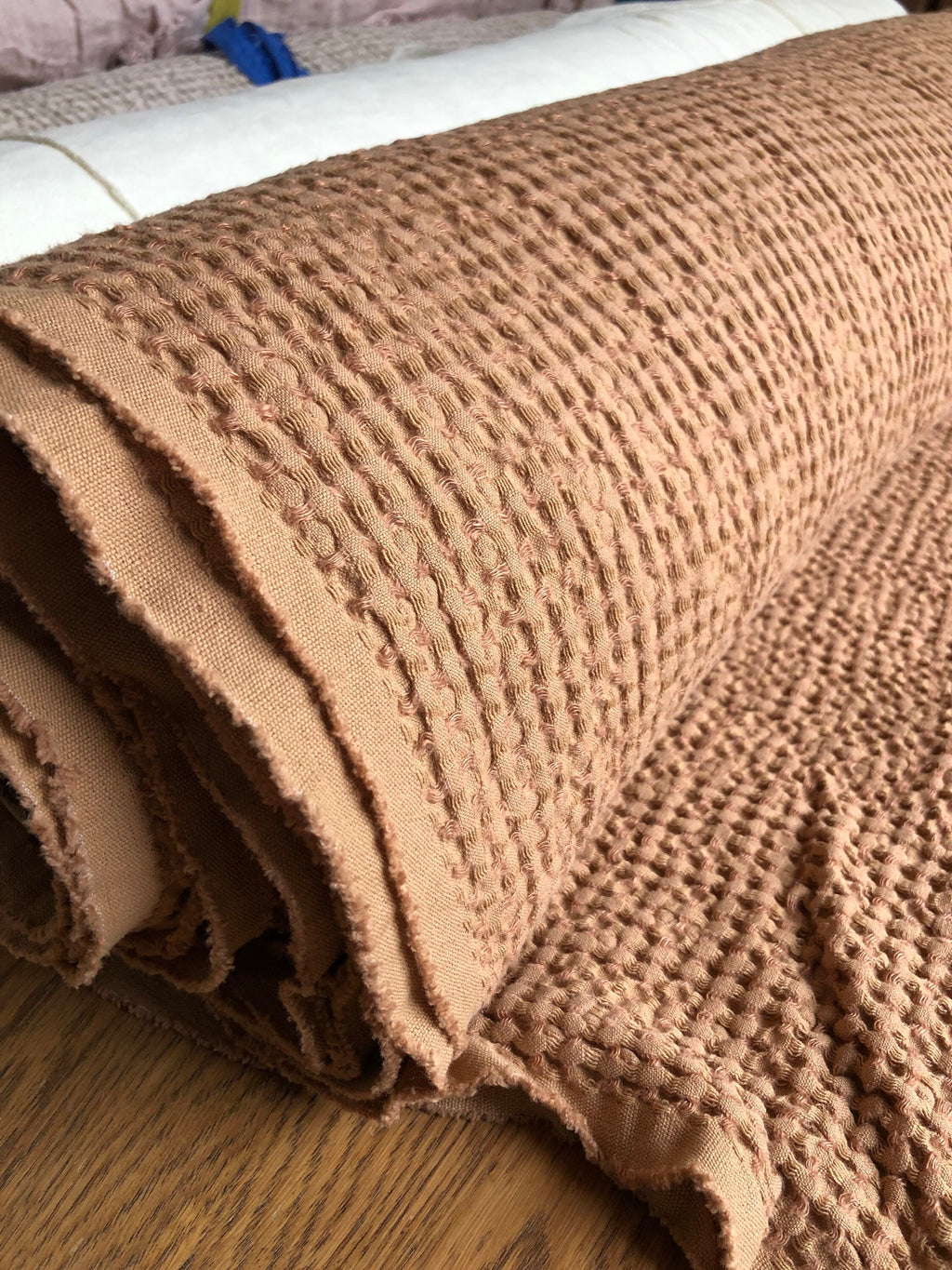 88" Extra Wide Waffle Linen Cotton Fabric: Dusty Ochre BGO137