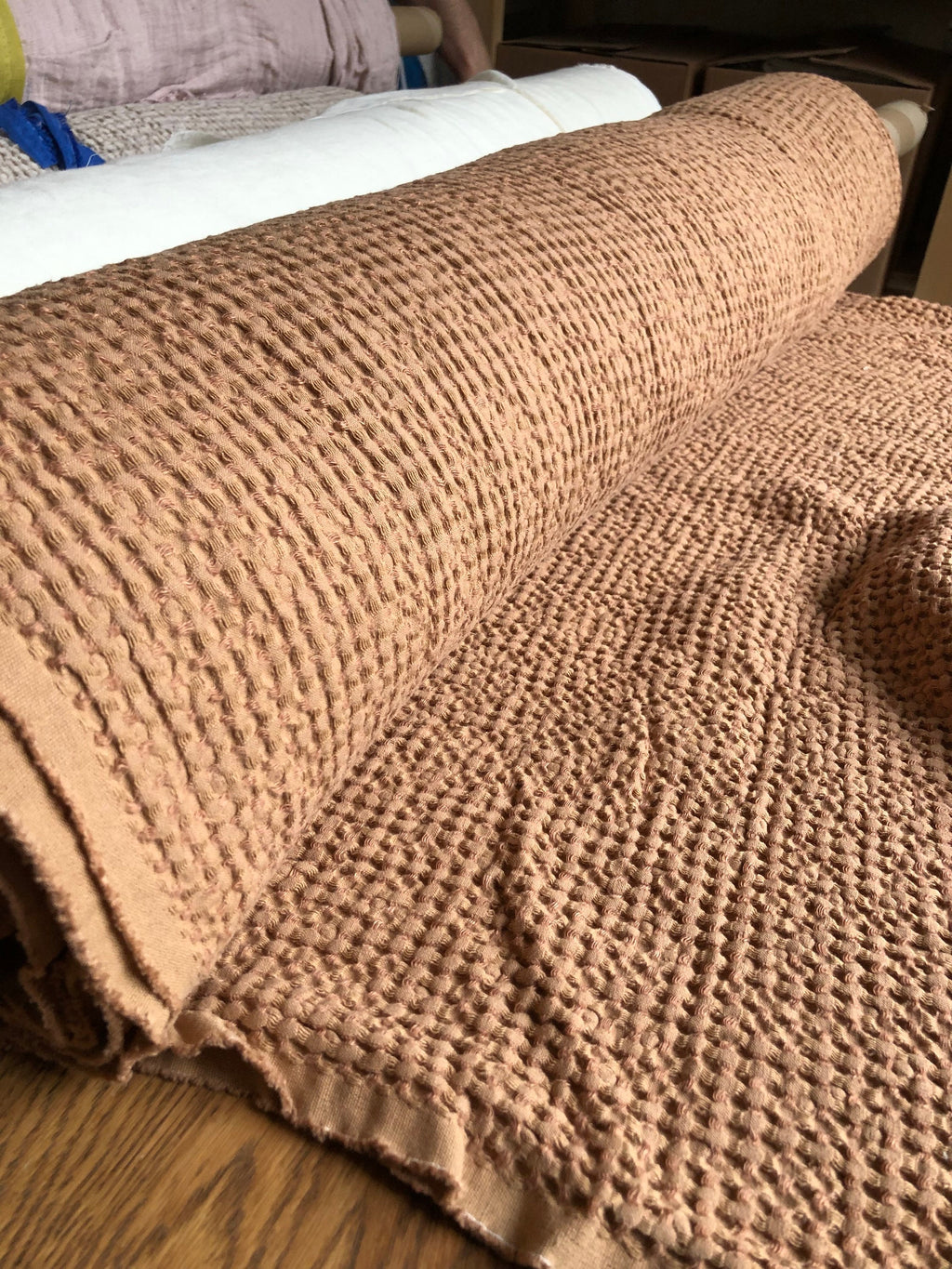 88" Extra Wide Waffle Linen Cotton Fabric: Dusty Ochre BGO137