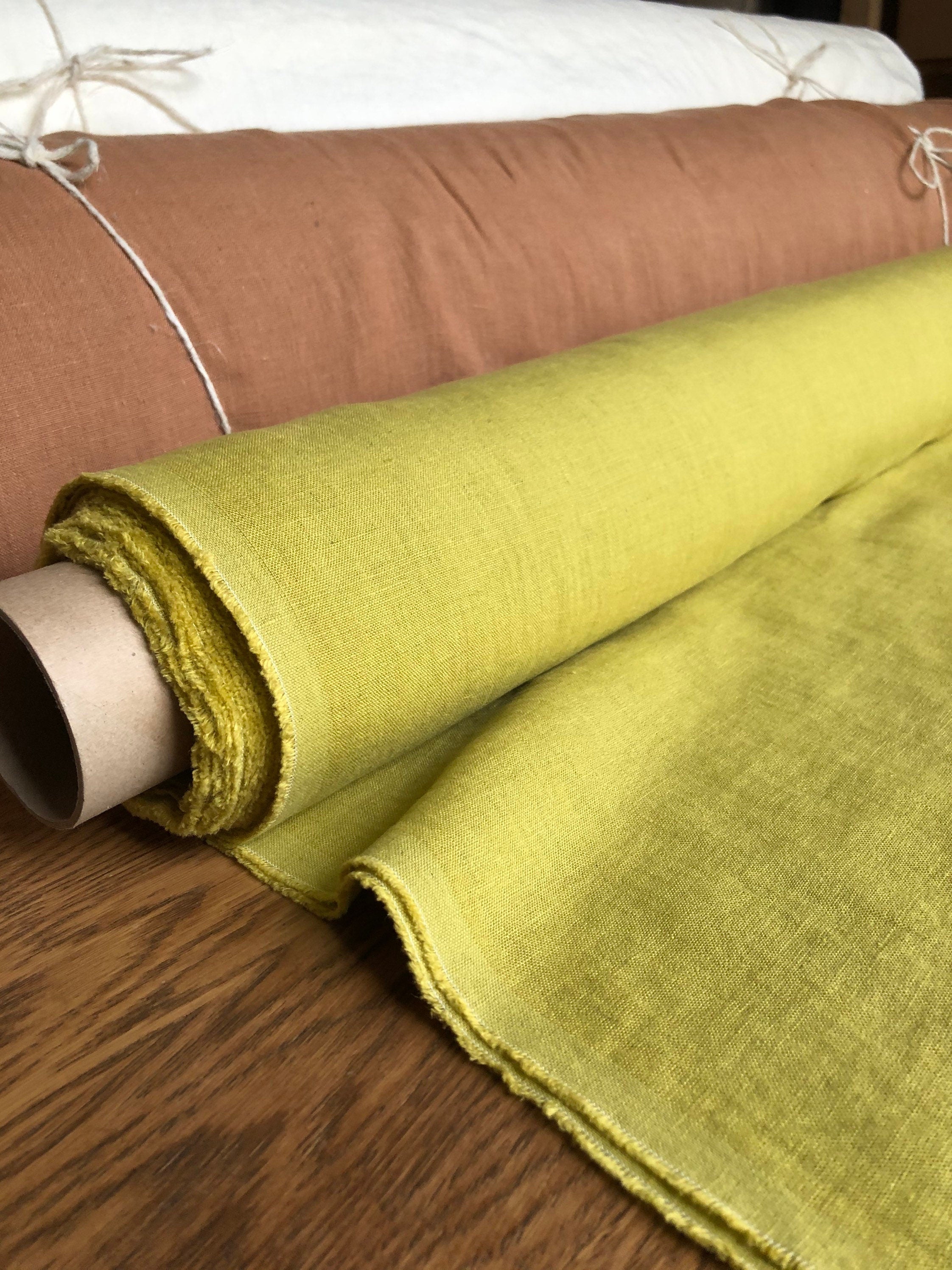 Extra Wide Yellow-Green Linen Fabric: 100% Natural, 250cm Width