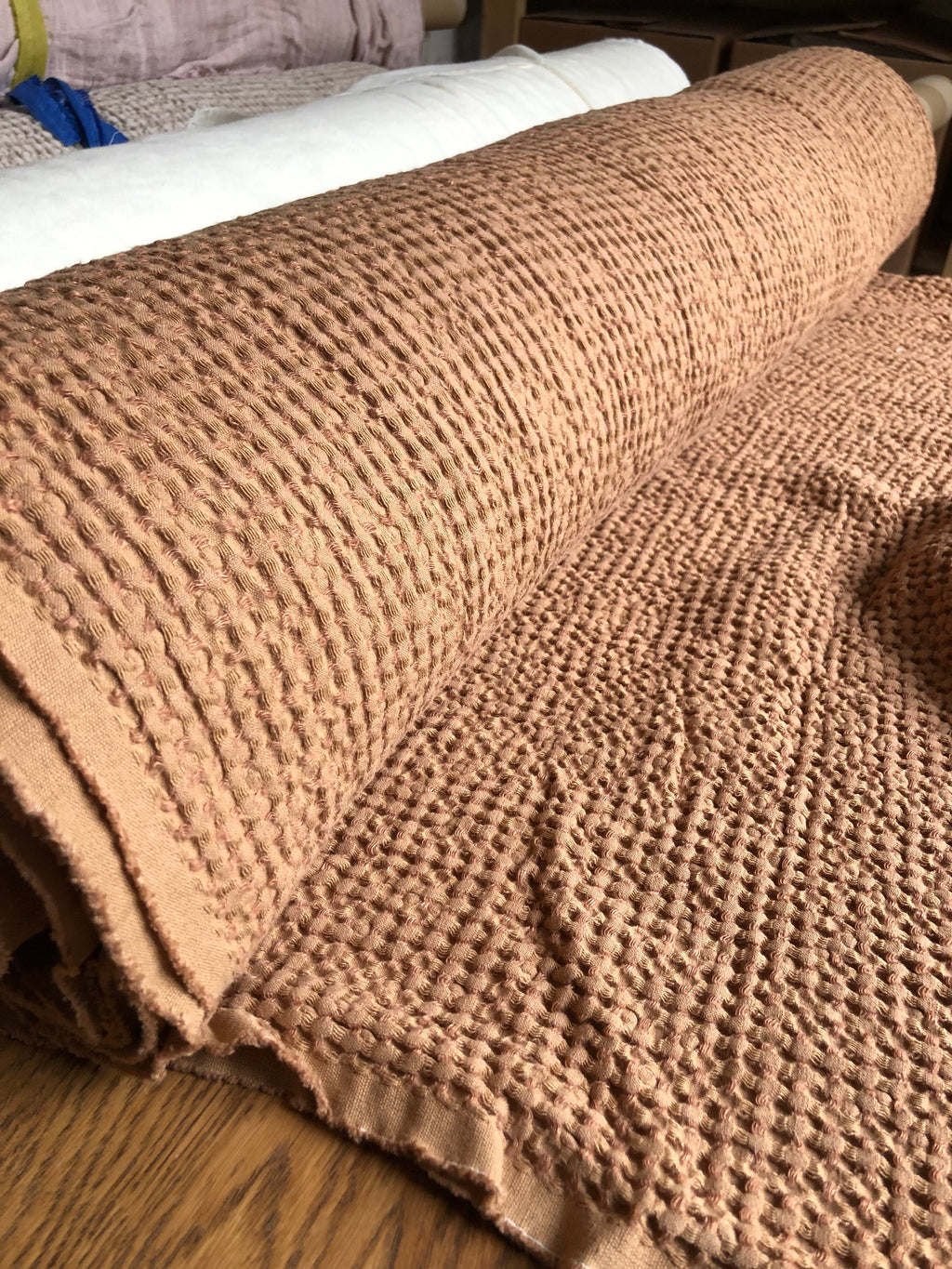 88" Extra Wide Waffle Linen Cotton Fabric: Dusty Ochre BGO137