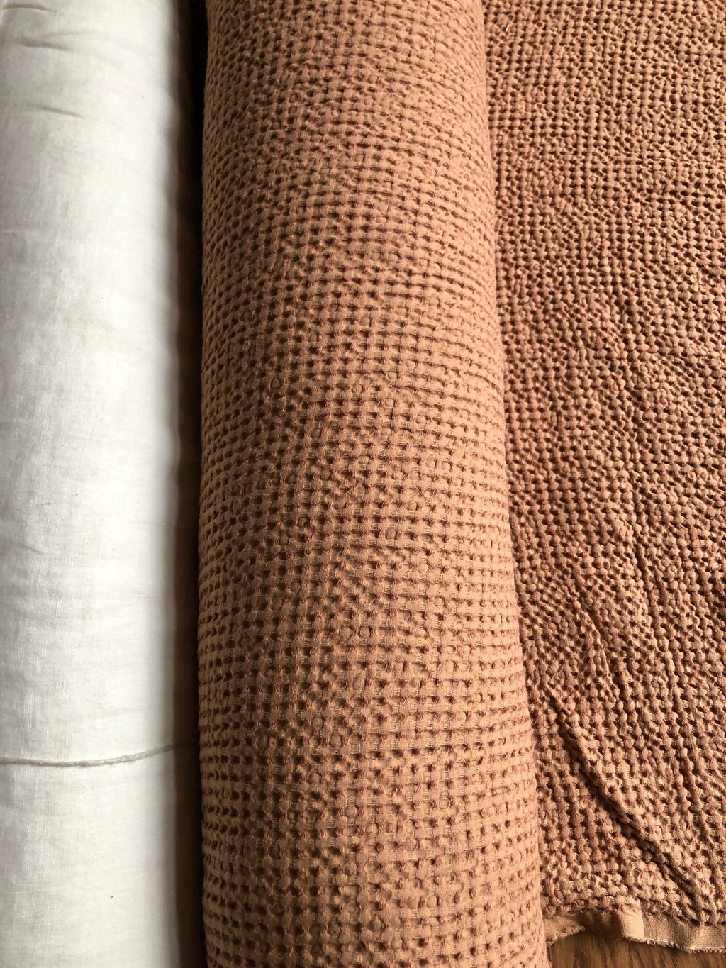 88" Extra Wide Waffle Linen Cotton Fabric: Dusty Ochre BGO137