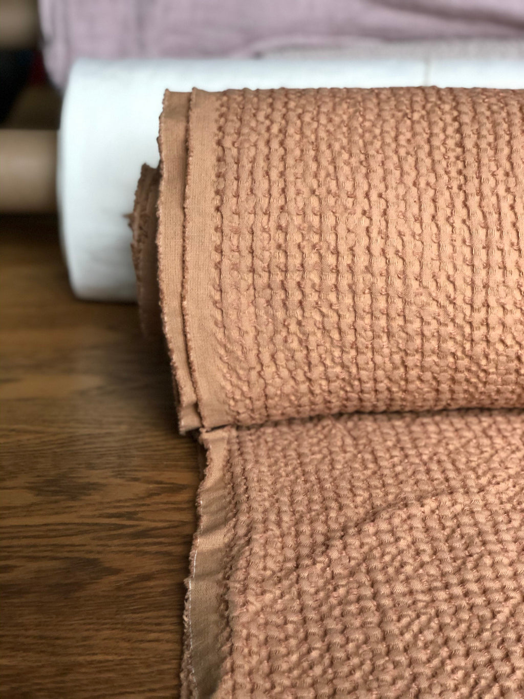 88" Extra Wide Waffle Linen Cotton Fabric: Dusty Ochre BGO137