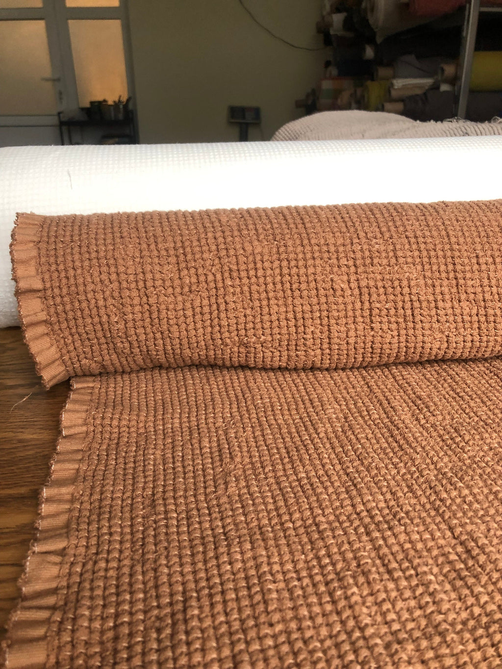 Wide Waffle Linen Cotton Fabric: Natural Weave, 94" Wide