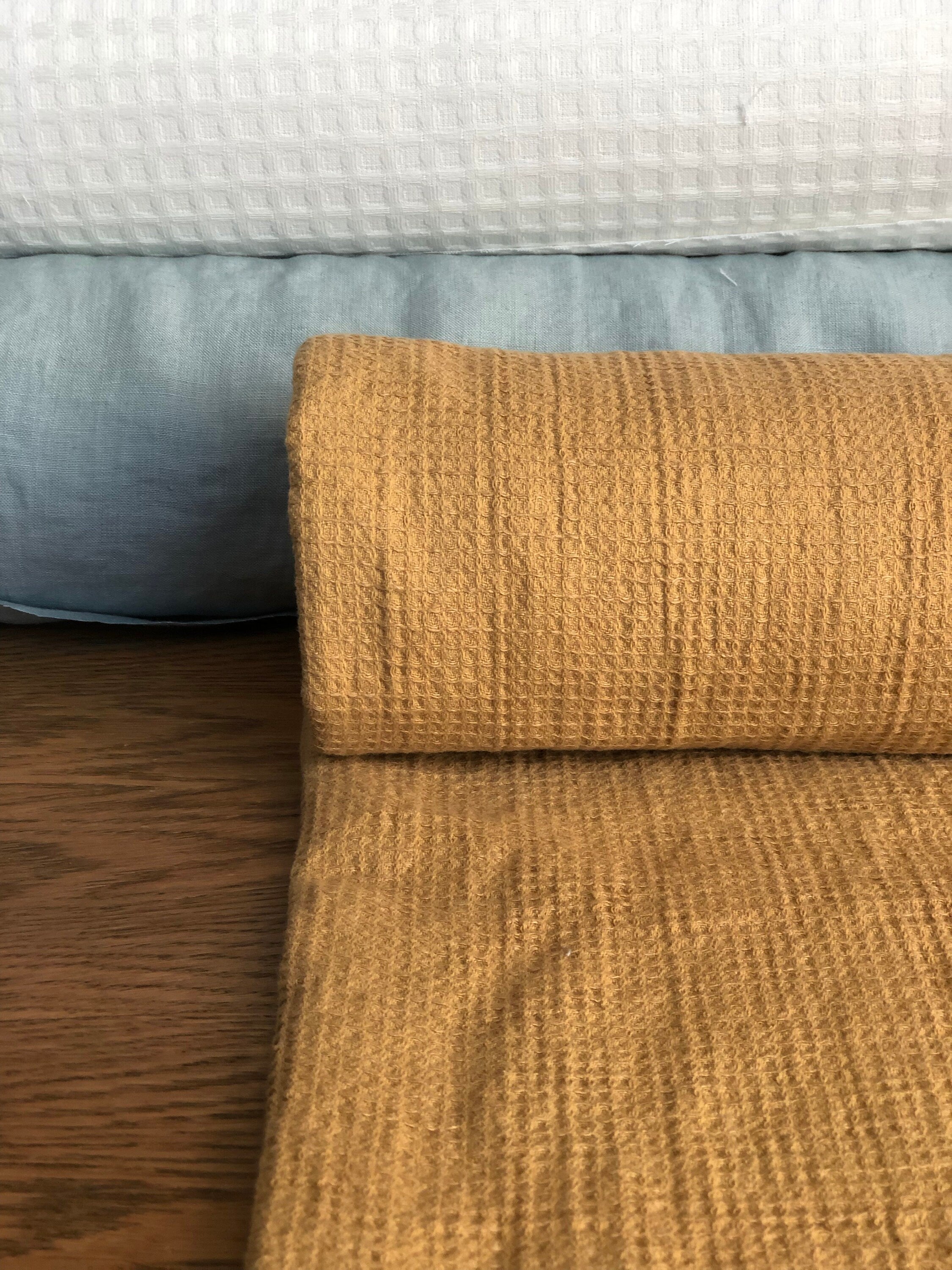 Ochre Waffle Linen Cotton Fabric: 140cm Wide, Bath & Spa Towel Material