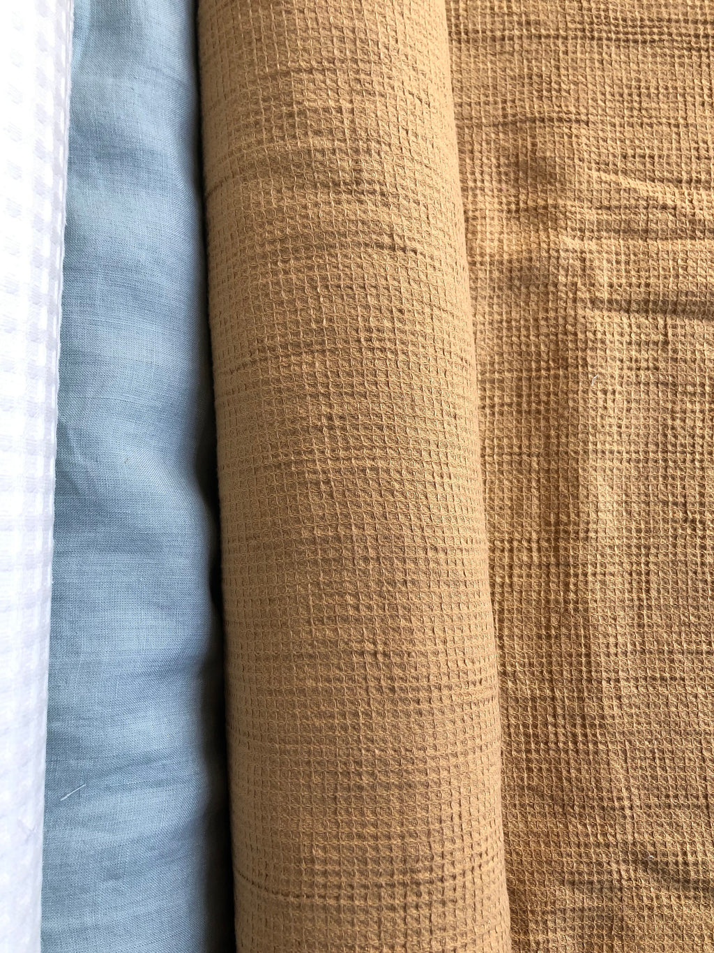 Ochre Waffle Linen Cotton Fabric: 140cm Wide, Bath & Spa Towel Material