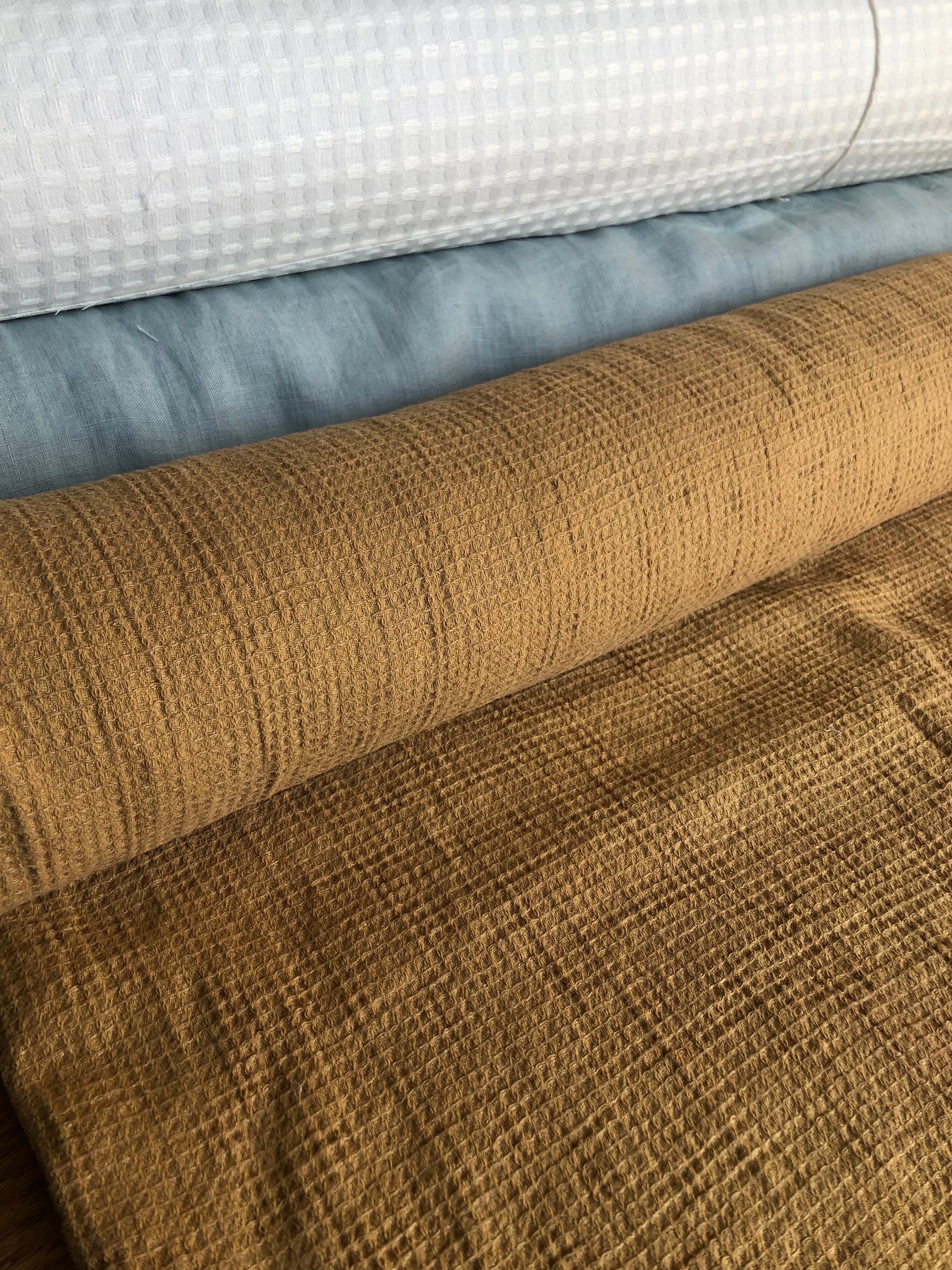 Ochre Waffle Linen Cotton Fabric: 140cm Wide, Bath & Spa Towel Material